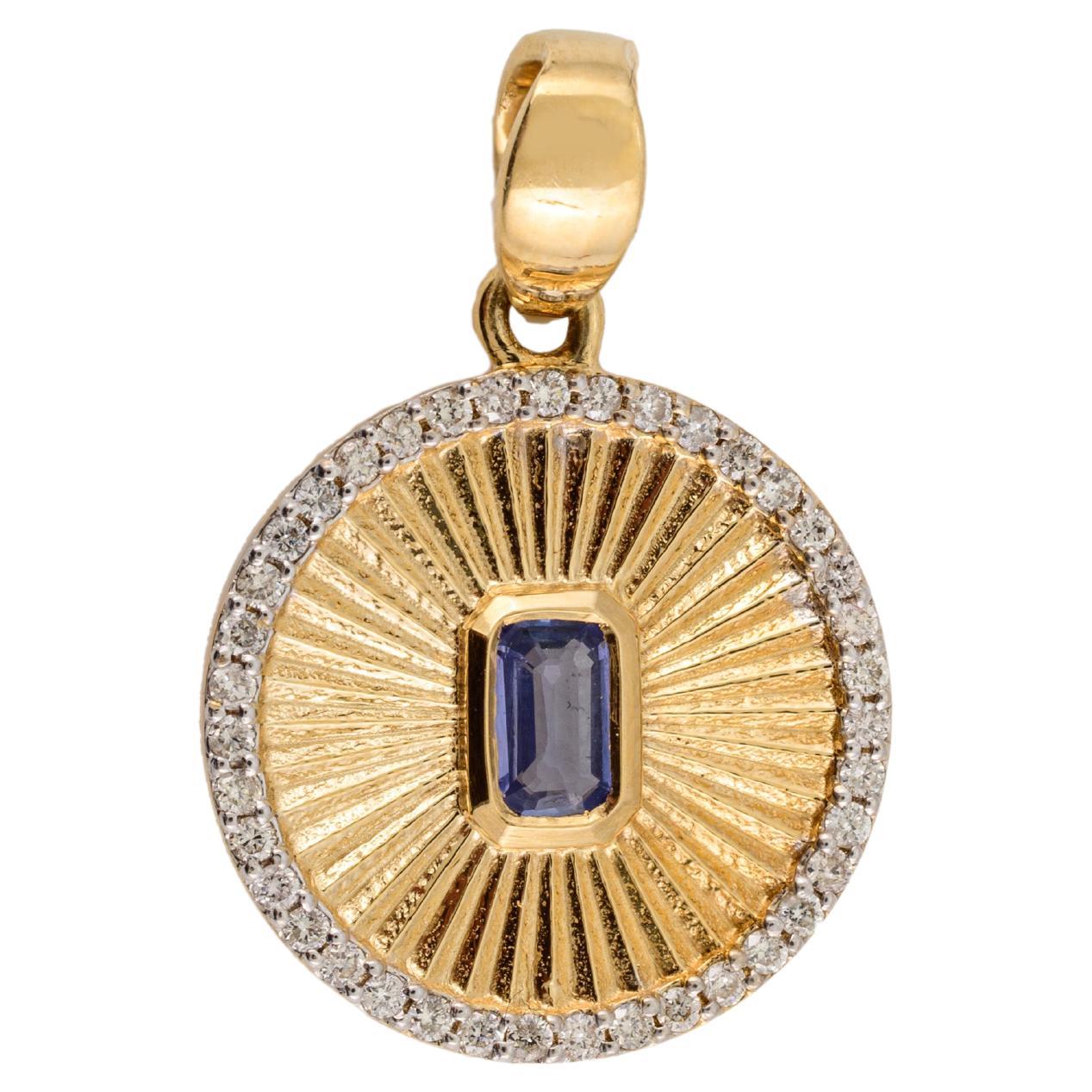 Sapphire and Diamond Disc Charm Pendant 18k Solid Yellow Gold, Thanksgiving Gift For Sale