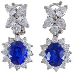Sapphire and Diamond Double Cluster Earrings in Platinum Mounts