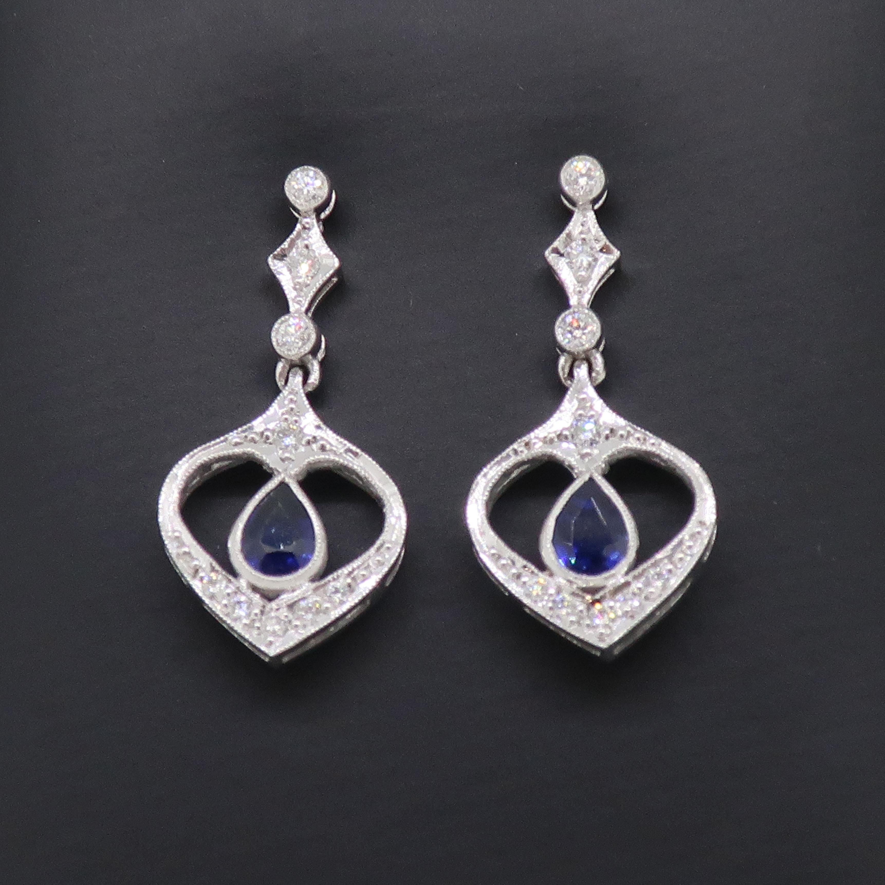Art Deco Sapphire and Diamond Drop Earrings 18 Karat White Gold  For Sale