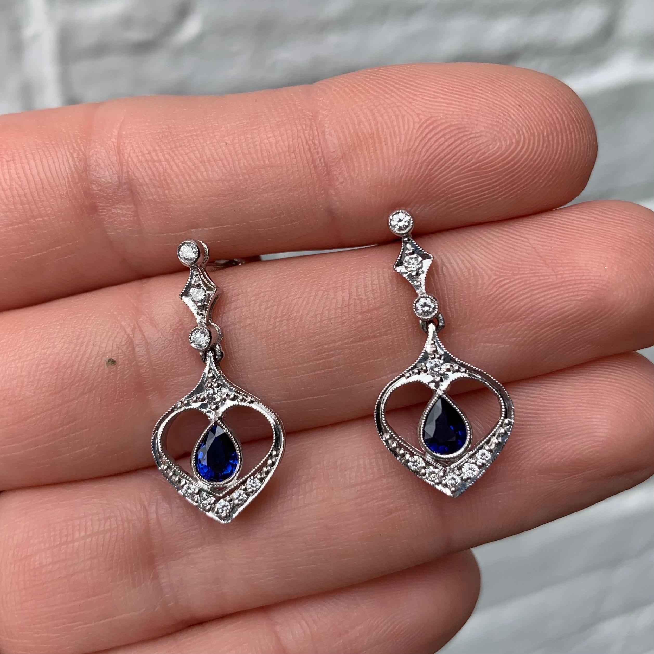 Sapphire and Diamond Drop Earrings 18 Karat White Gold  In New Condition For Sale In East Grinstead, GB