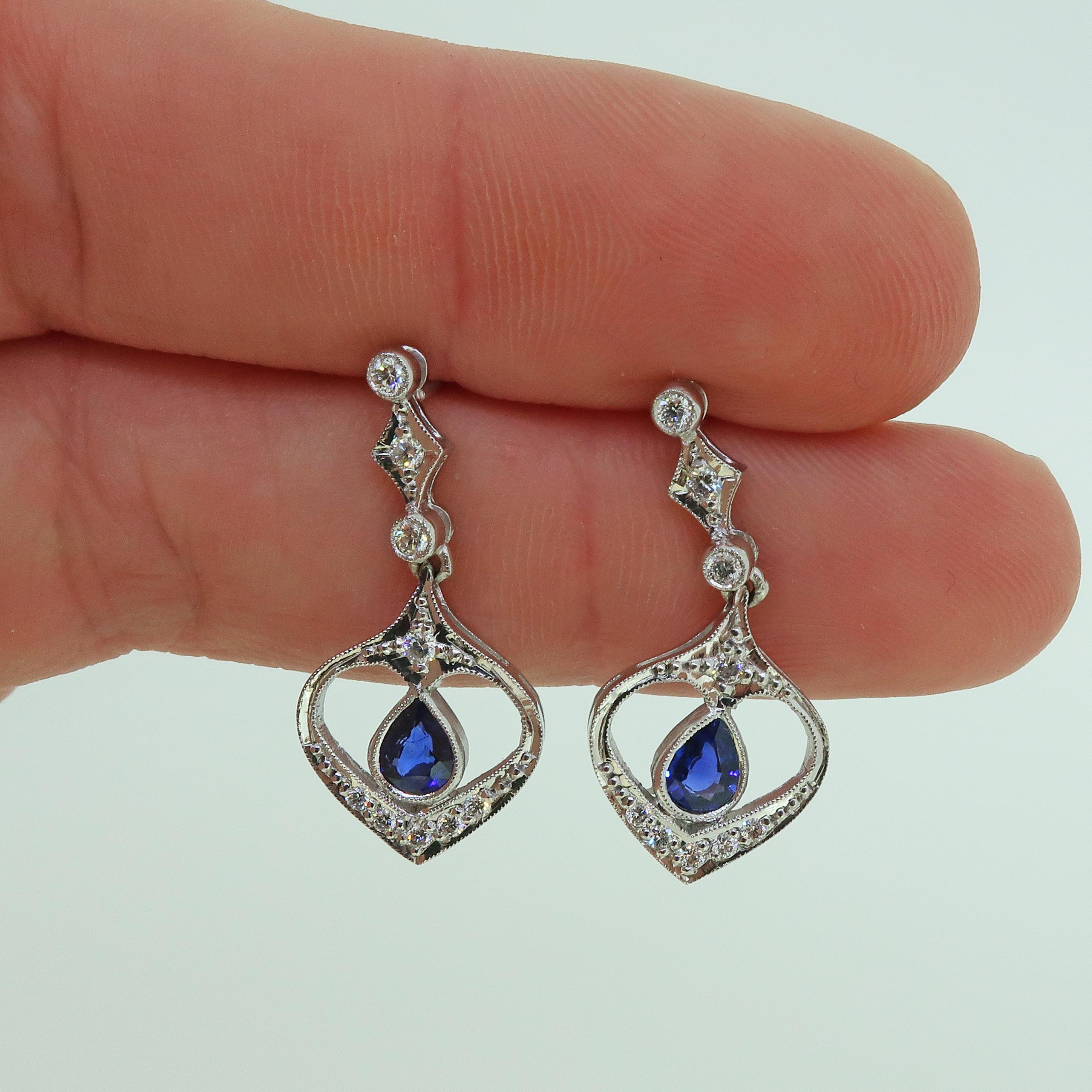 Sapphire and Diamond Drop Earrings 18 Karat White Gold  For Sale 1