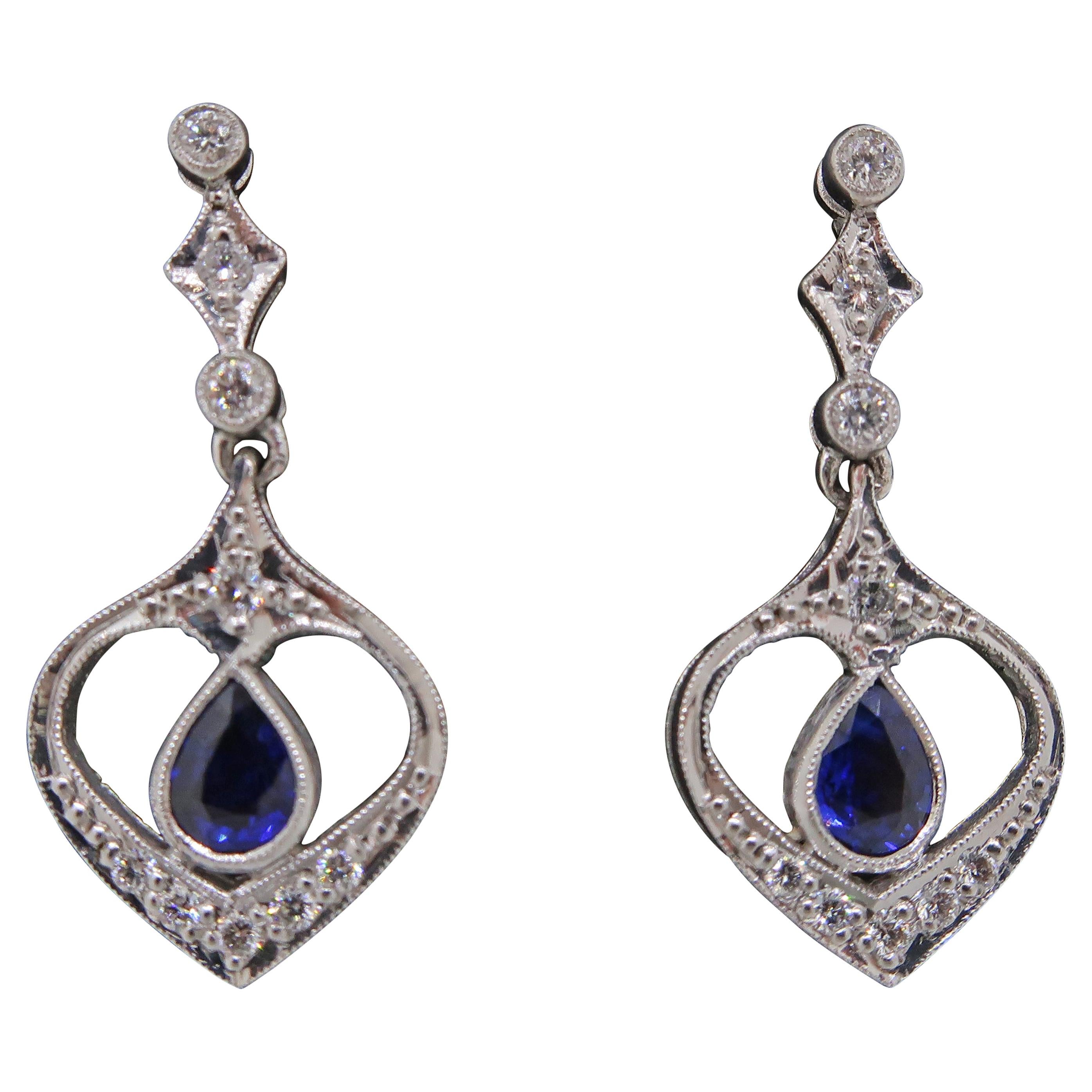 Sapphire and Diamond Drop Earrings 18 Karat White Gold  For Sale