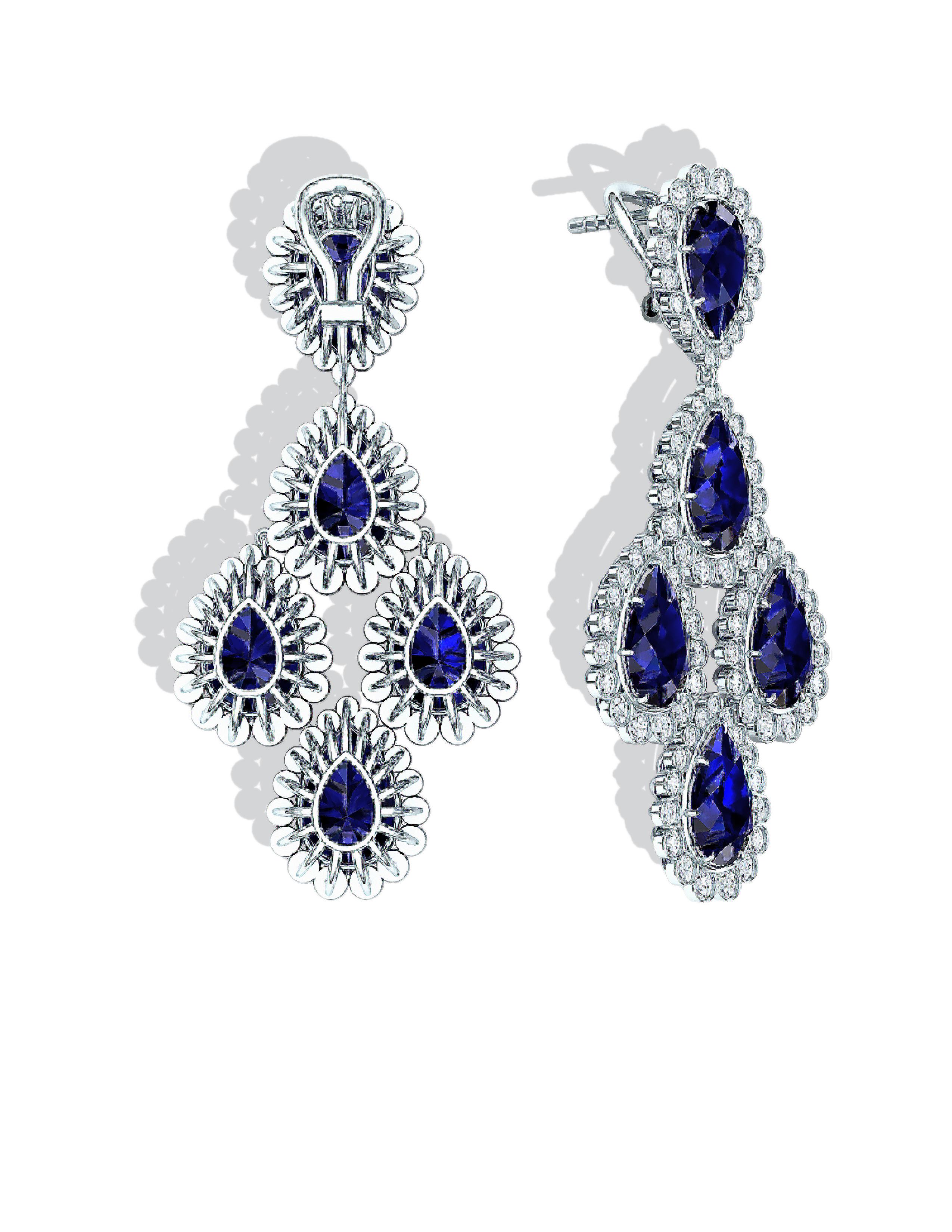 A stunning ensemble of deep blue rich sapphire lines with crisp white diamonds can be seen in this timeless pair of earrings.  These earrings are comprised of over 4 carats of natural unheated sapphires.  These sapphires are lined with handset round