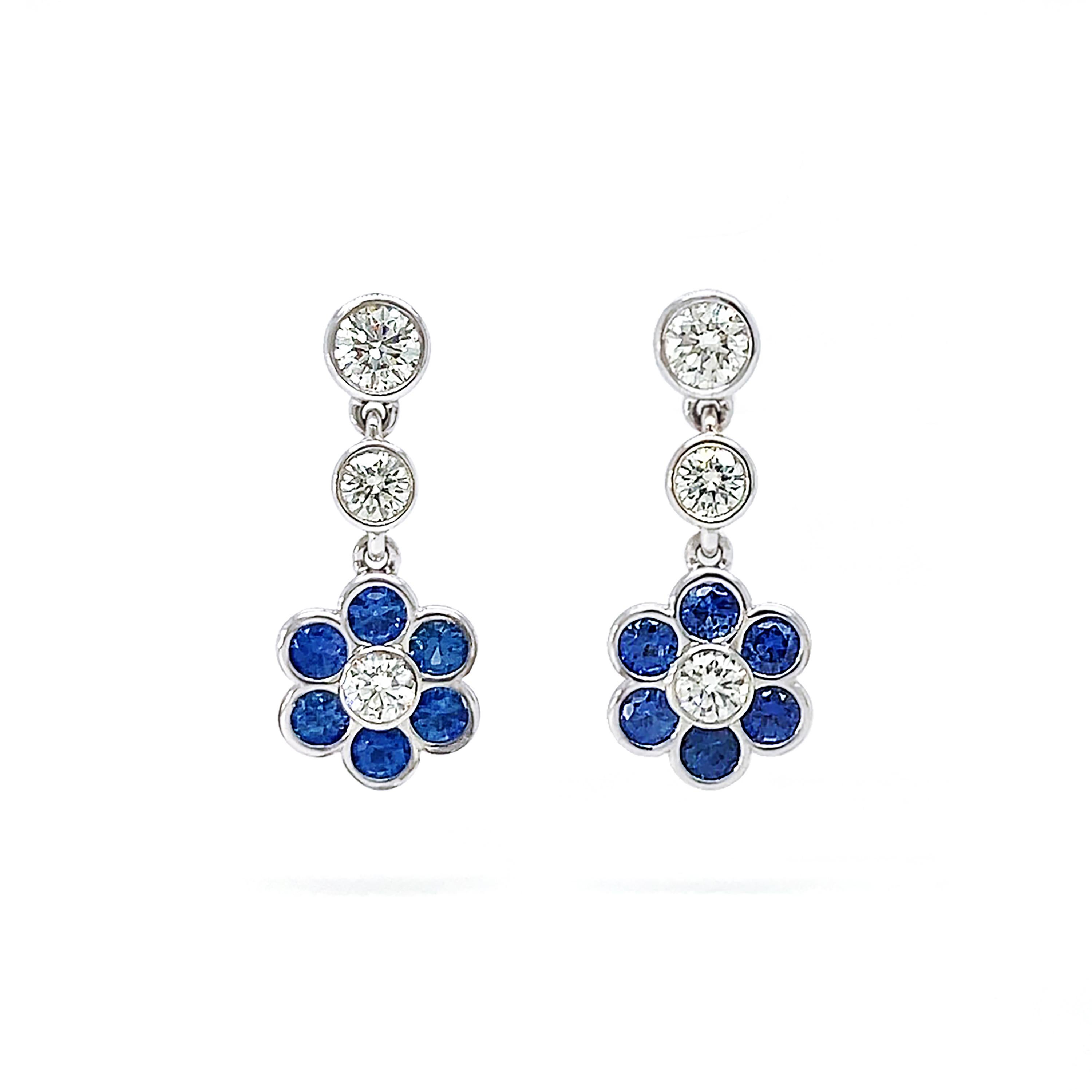 Brilliant Cut Blue Sapphire and Diamond 18K White Gold Drop Earrings For Sale