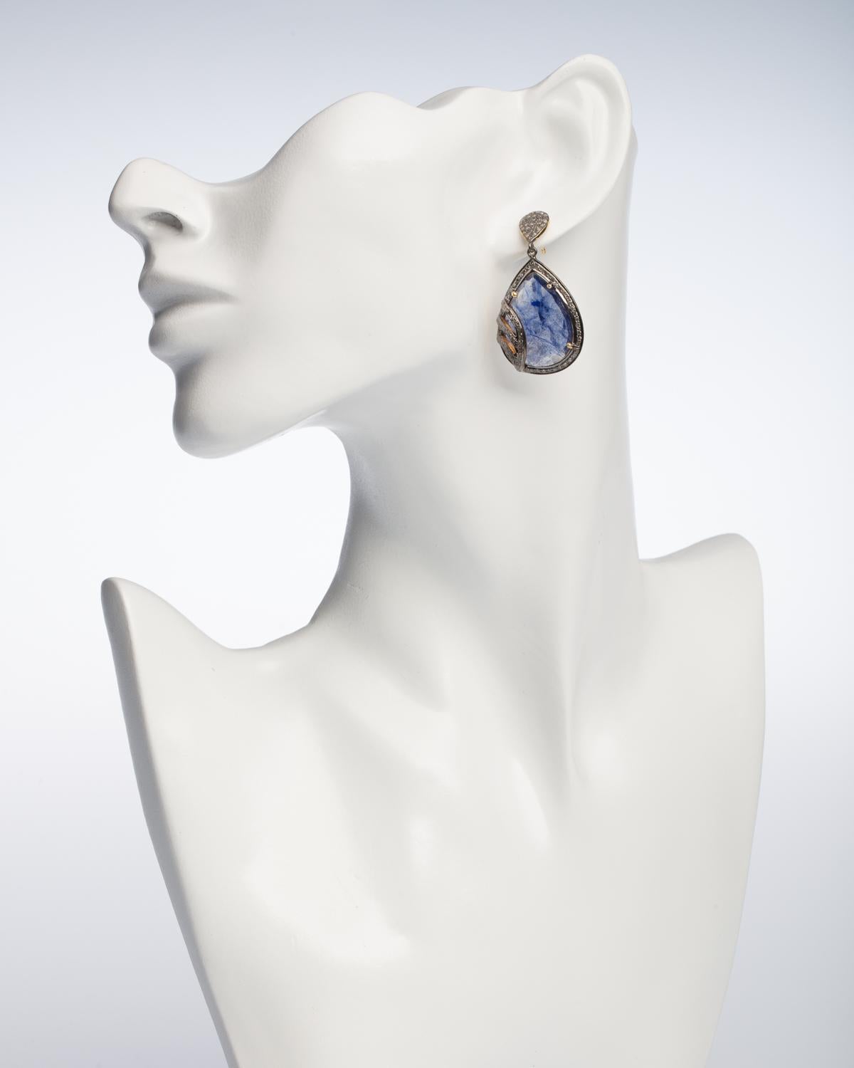 Rose Cut Sapphire and Diamond Drop Earrings