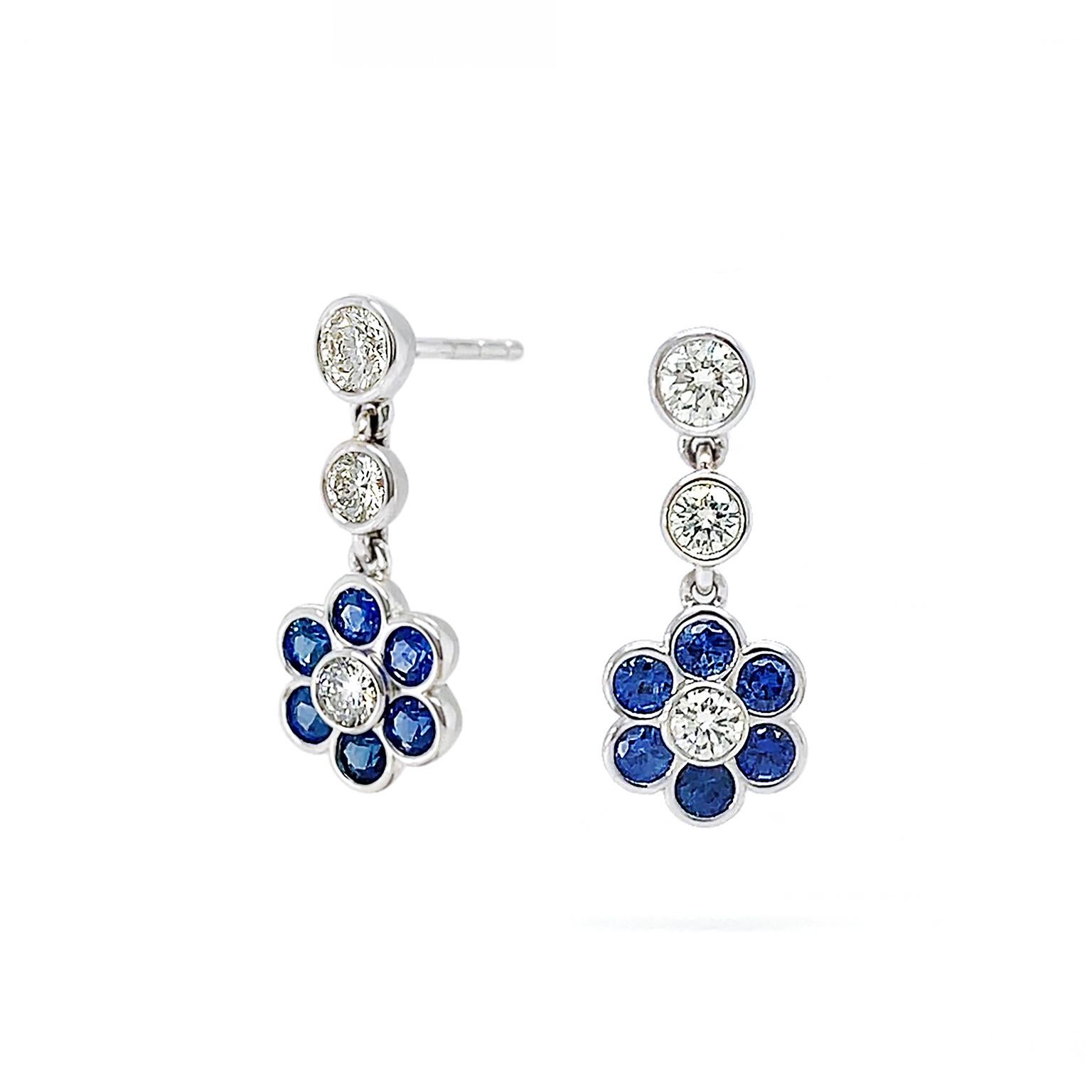 Blue Sapphire and Diamond 18K White Gold Drop Earrings In New Condition For Sale In New York, NY
