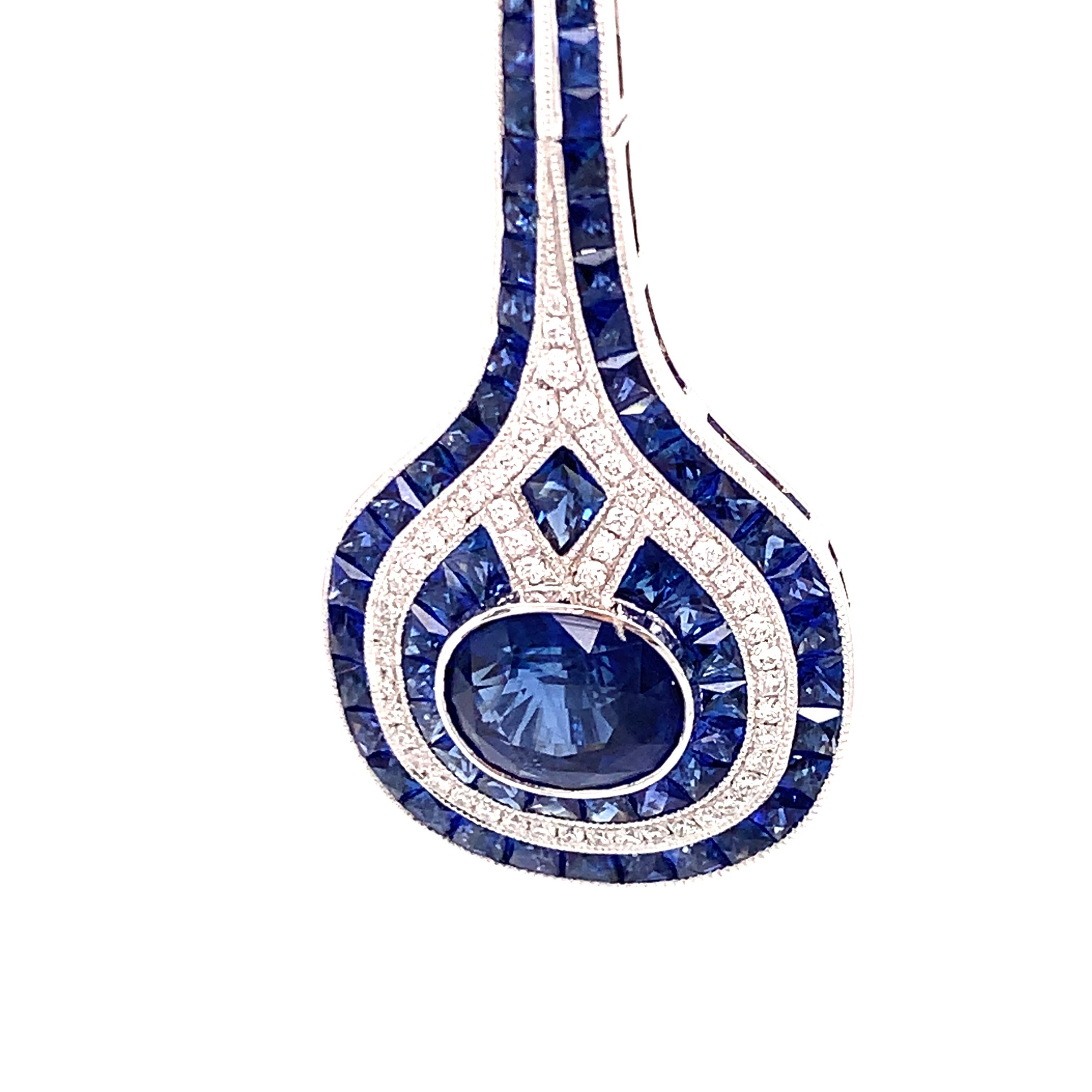 Round Cut Sapphire and Diamond Drop Earrings in the Style of Art Deco For Sale