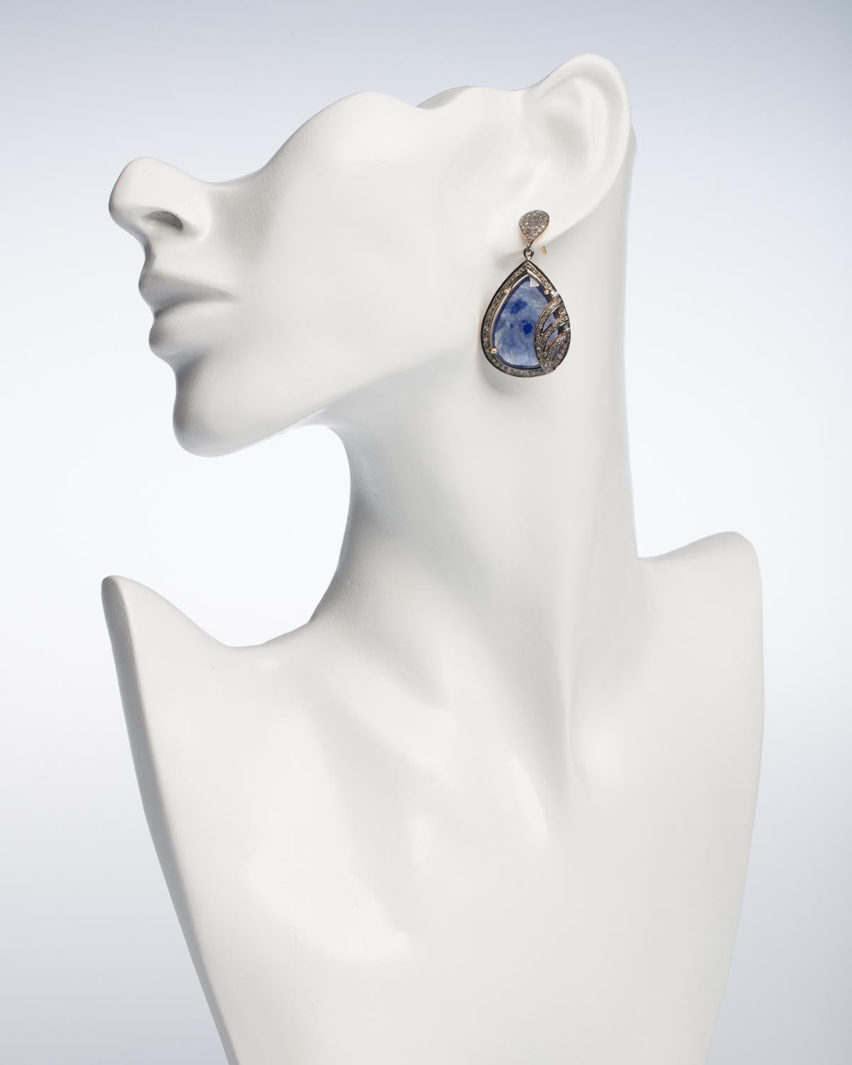 Sapphire and Diamond Drop Earrings In Excellent Condition In Nantucket, MA