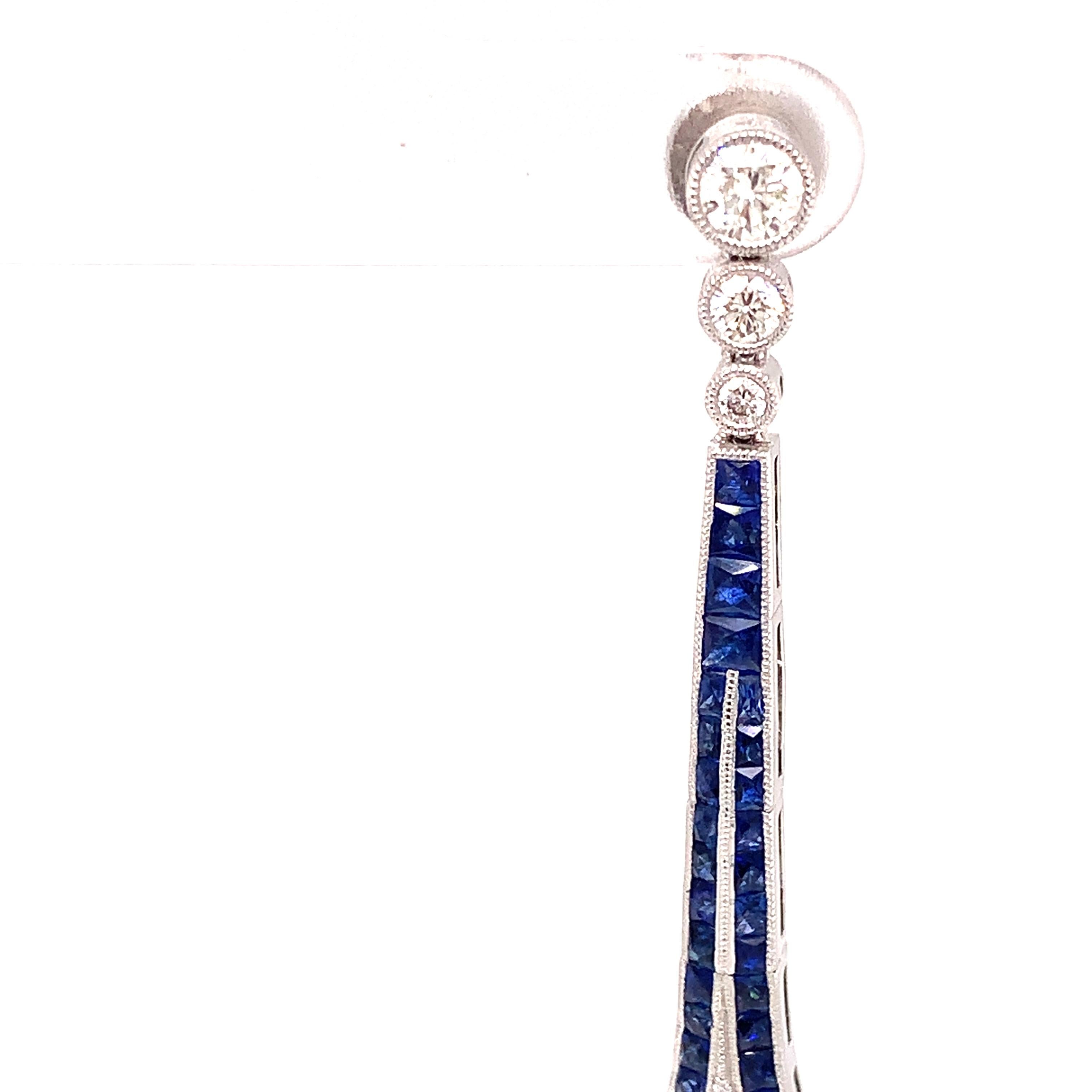 Sapphire and Diamond Drop Earrings in the Style of Art Deco In New Condition For Sale In Derby, NY