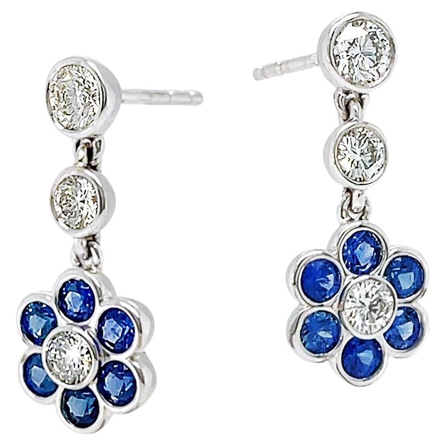 Blue Sapphire and Diamond 18K White Gold Drop Earrings For Sale