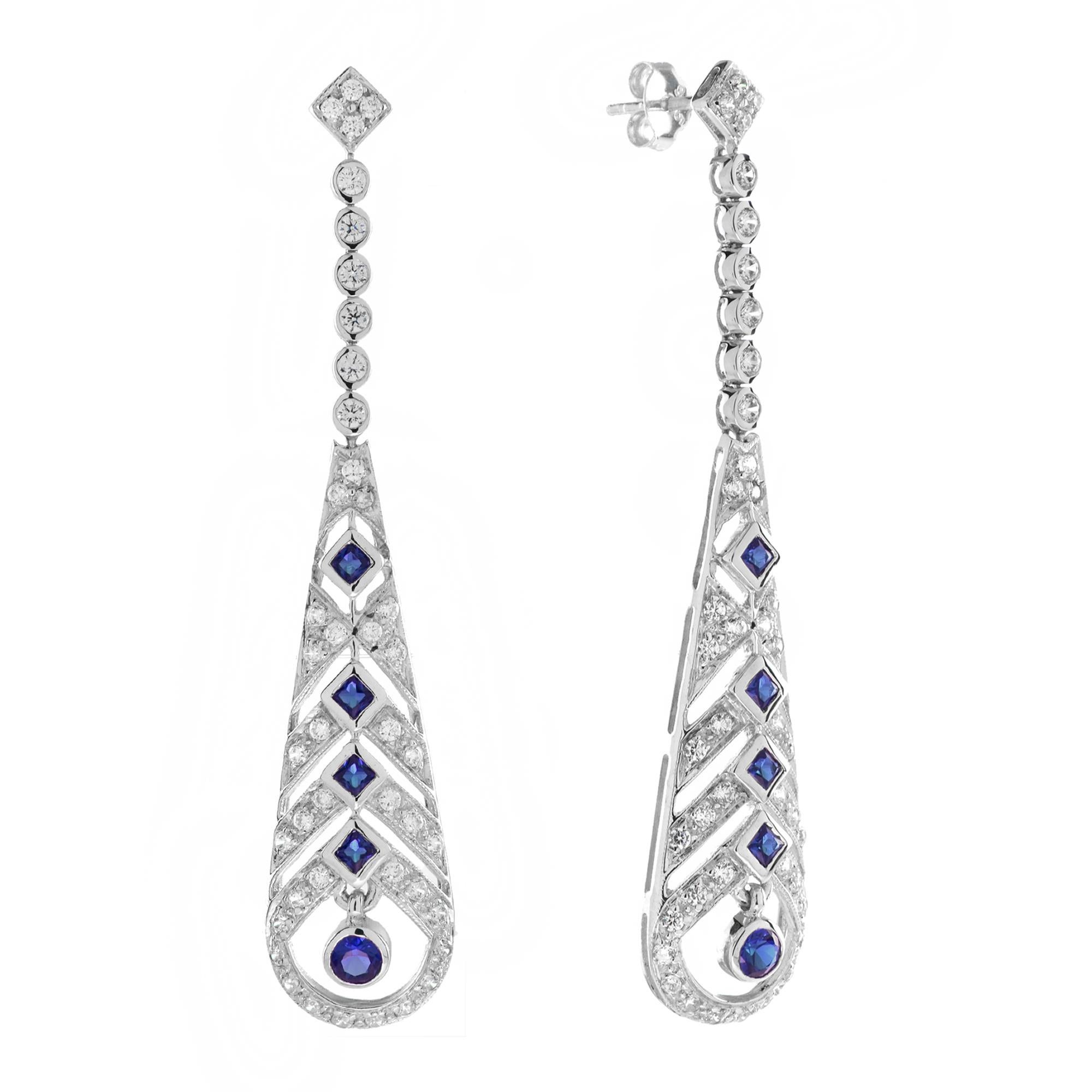 Ohrgehänge mit Saphiren und Diamanten aus 18 Karat Weißgold (Art déco)