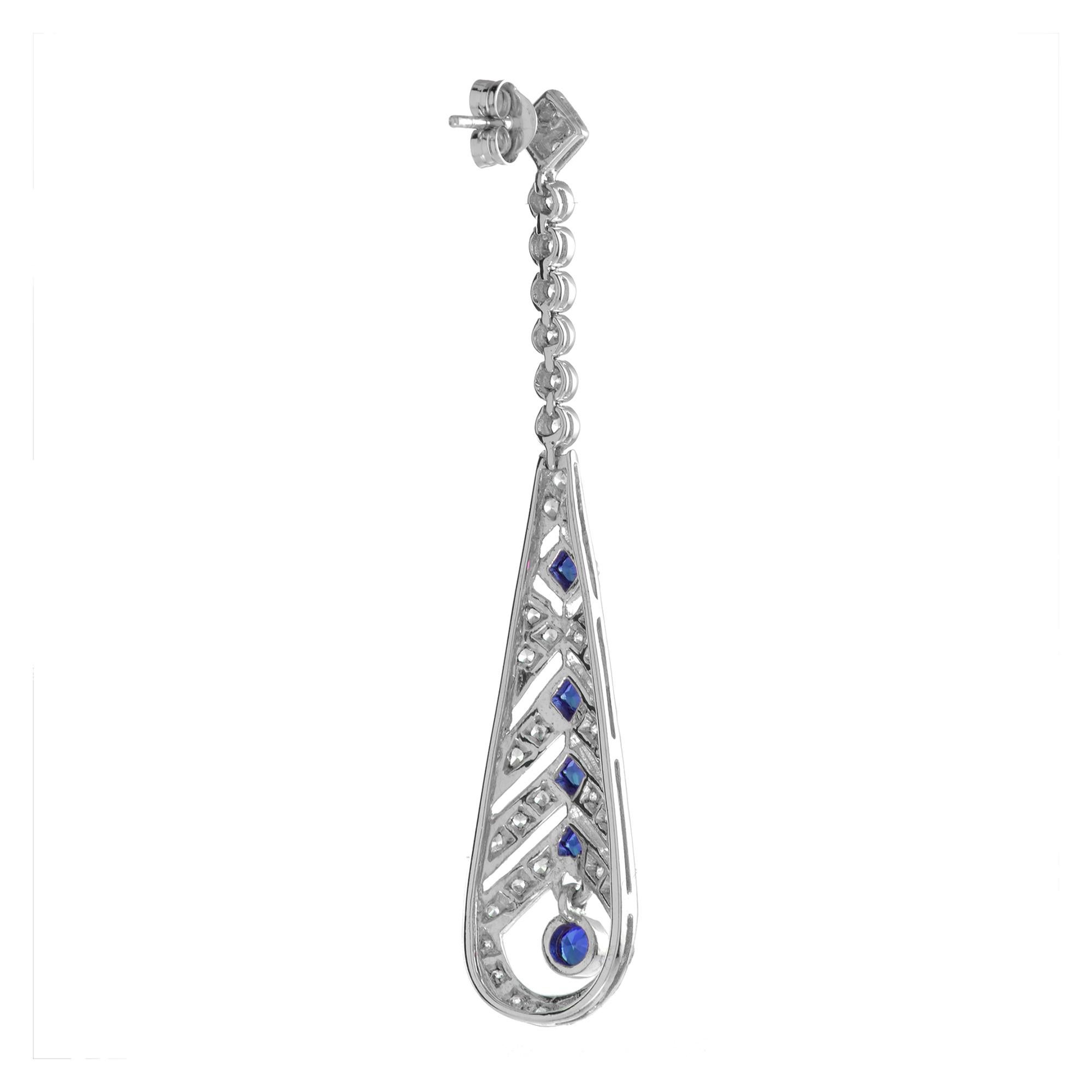 Round Cut Sapphire and Diamond Drop Earrings in 18K White Gold For Sale