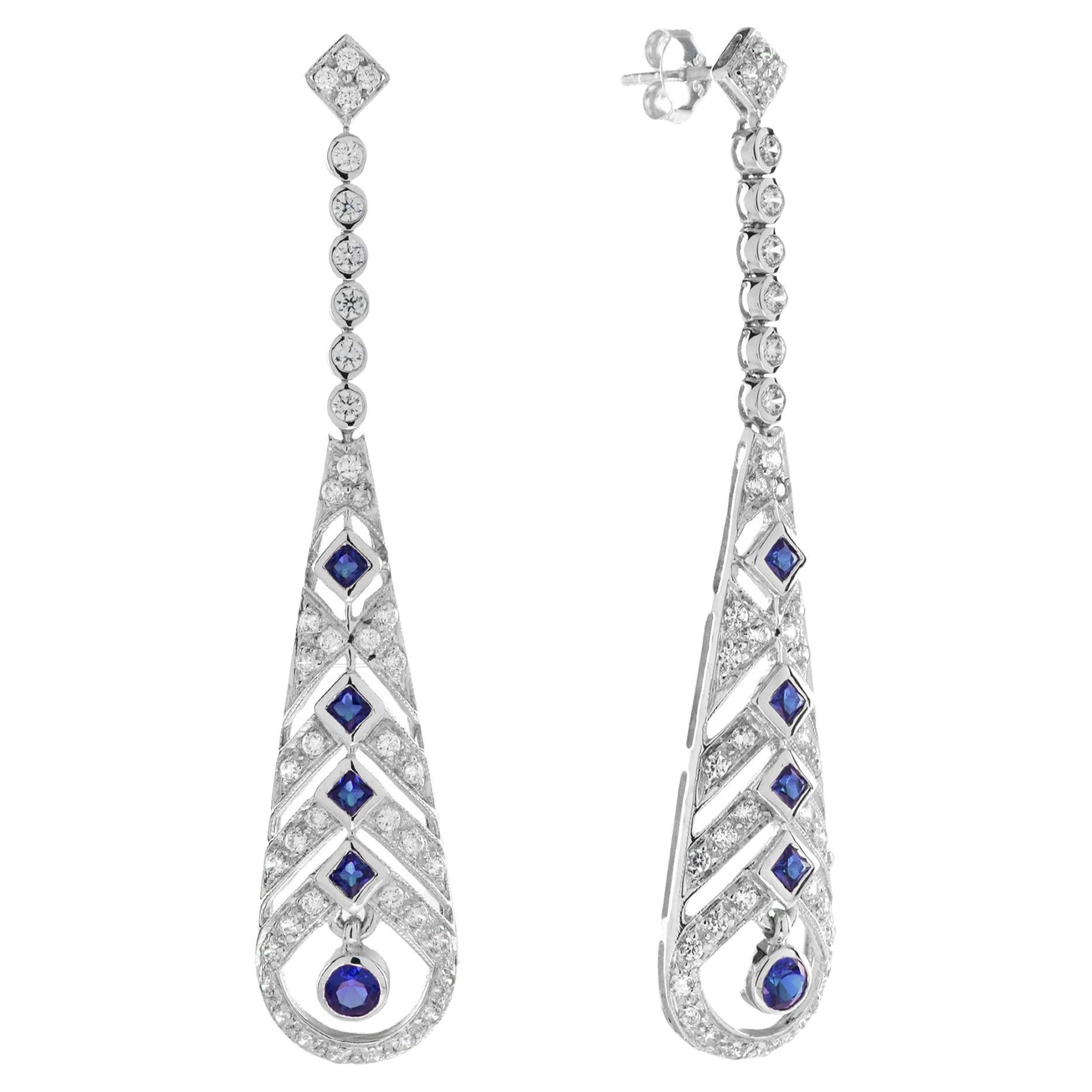 Sapphire and Diamond Drop Earrings in 18K White Gold For Sale