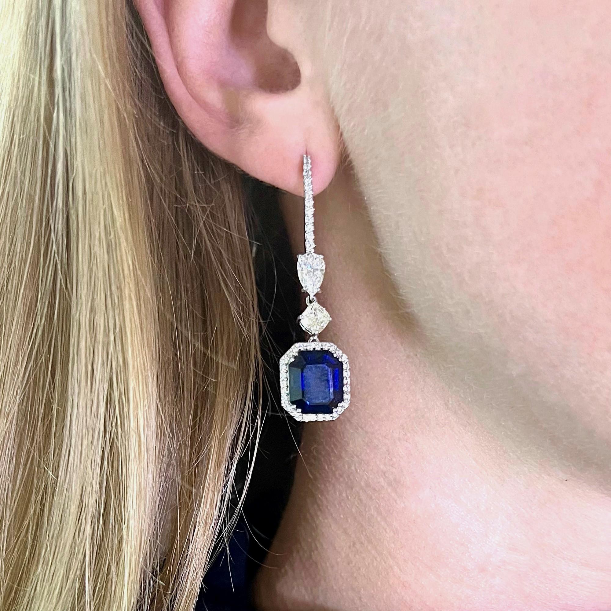 Emerald Cut Sapphire and Diamond Drop Earrings in White Gold For Sale