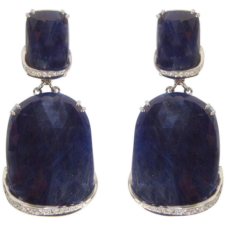 Mixed Cut Sapphire and Diamond Drop Gold Statement Earrings Estate Fine Jewelry For Sale