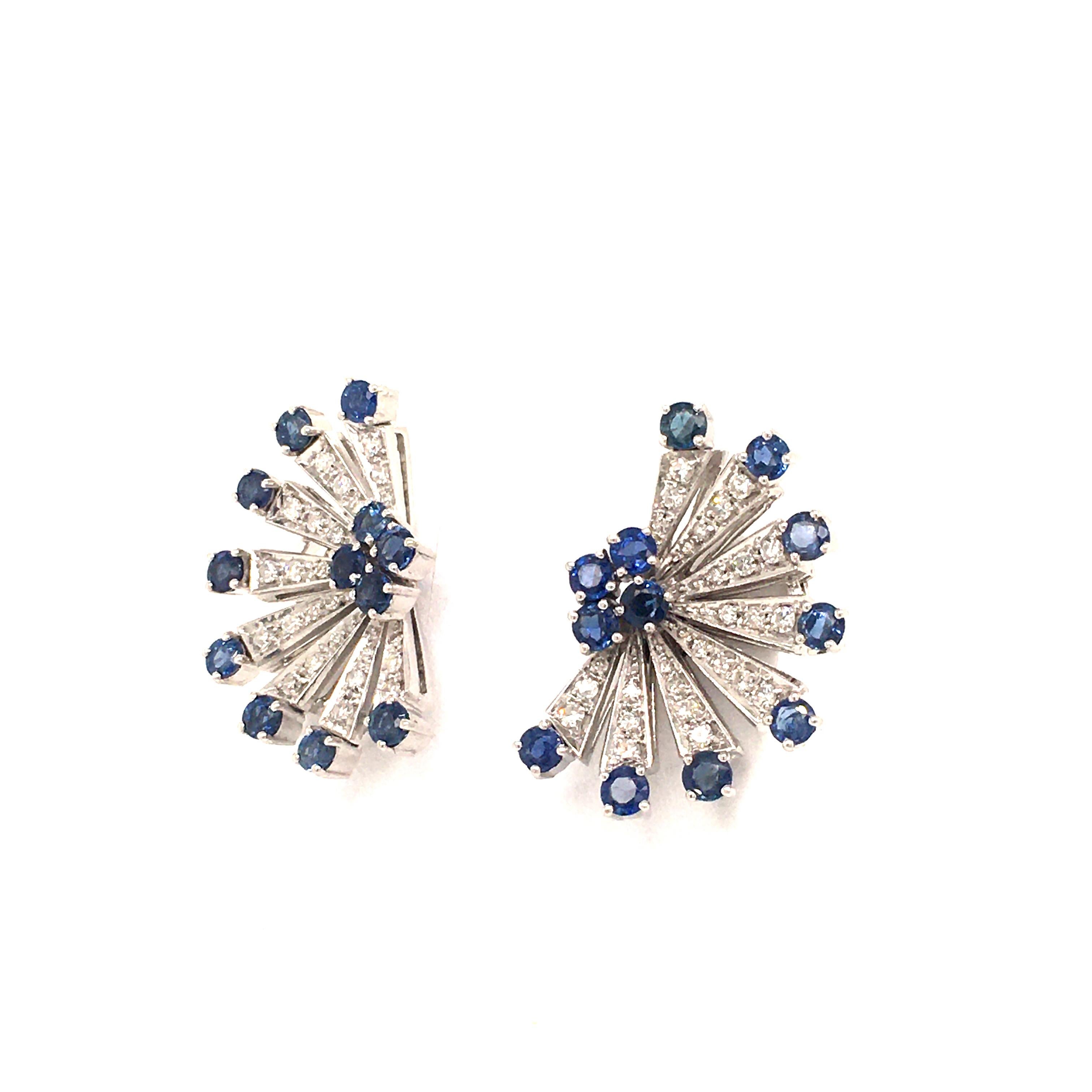 Contemporary Sapphire and Diamond Earclips in 18 Karat White Gold For Sale
