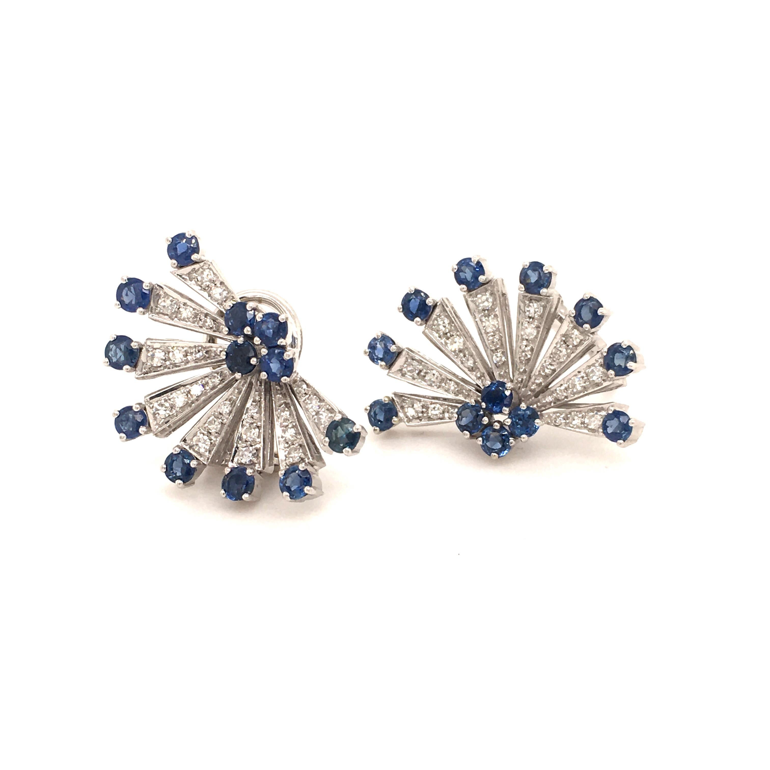 Round Cut Sapphire and Diamond Earclips in 18 Karat White Gold For Sale