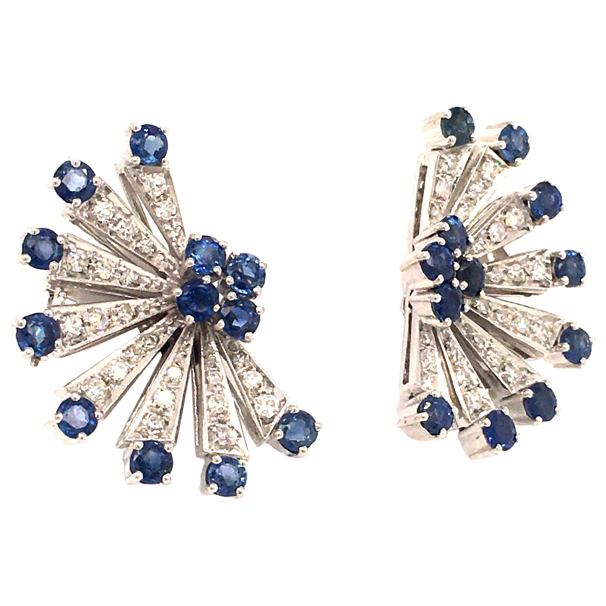 Sapphire and Diamond Earclips in 18 Karat White Gold For Sale