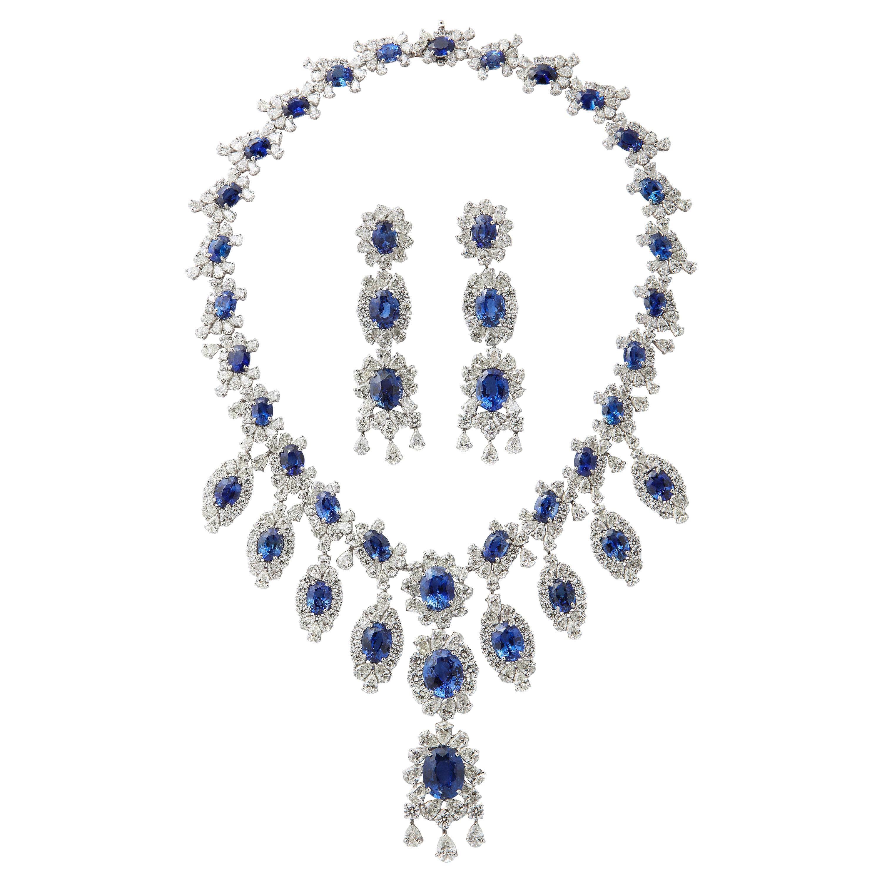 Sapphire and Diamond Earring and Necklace Set For Sale