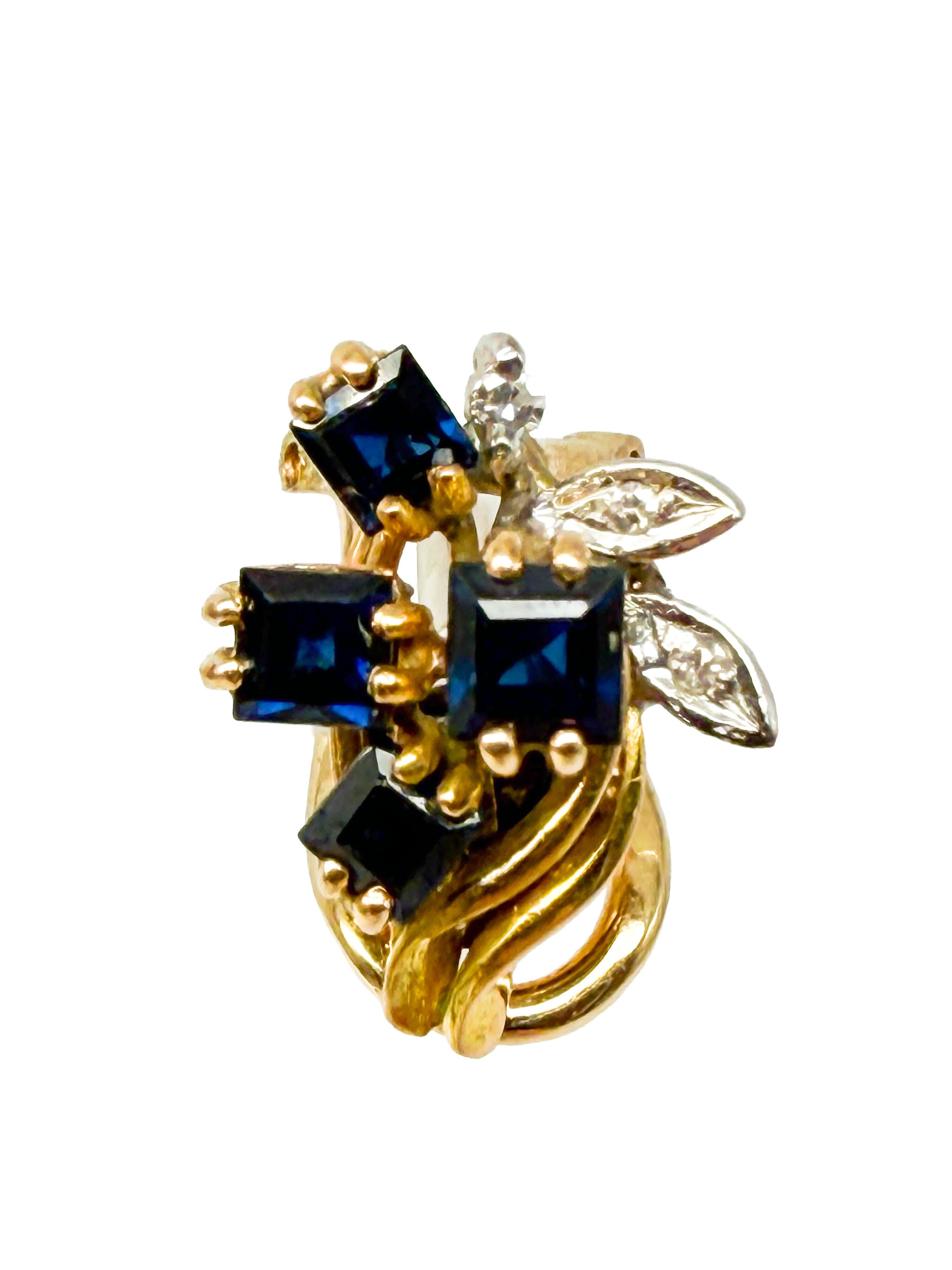 Questi incantevoli orecchini a perno in oro giallo a 14 carati presentano un elegante design floreale che combina una raffinata lavorazione artigianale con uno scintillio radioso.

Al centro di ogni orecchino si trova uno zaffiro di colore blu