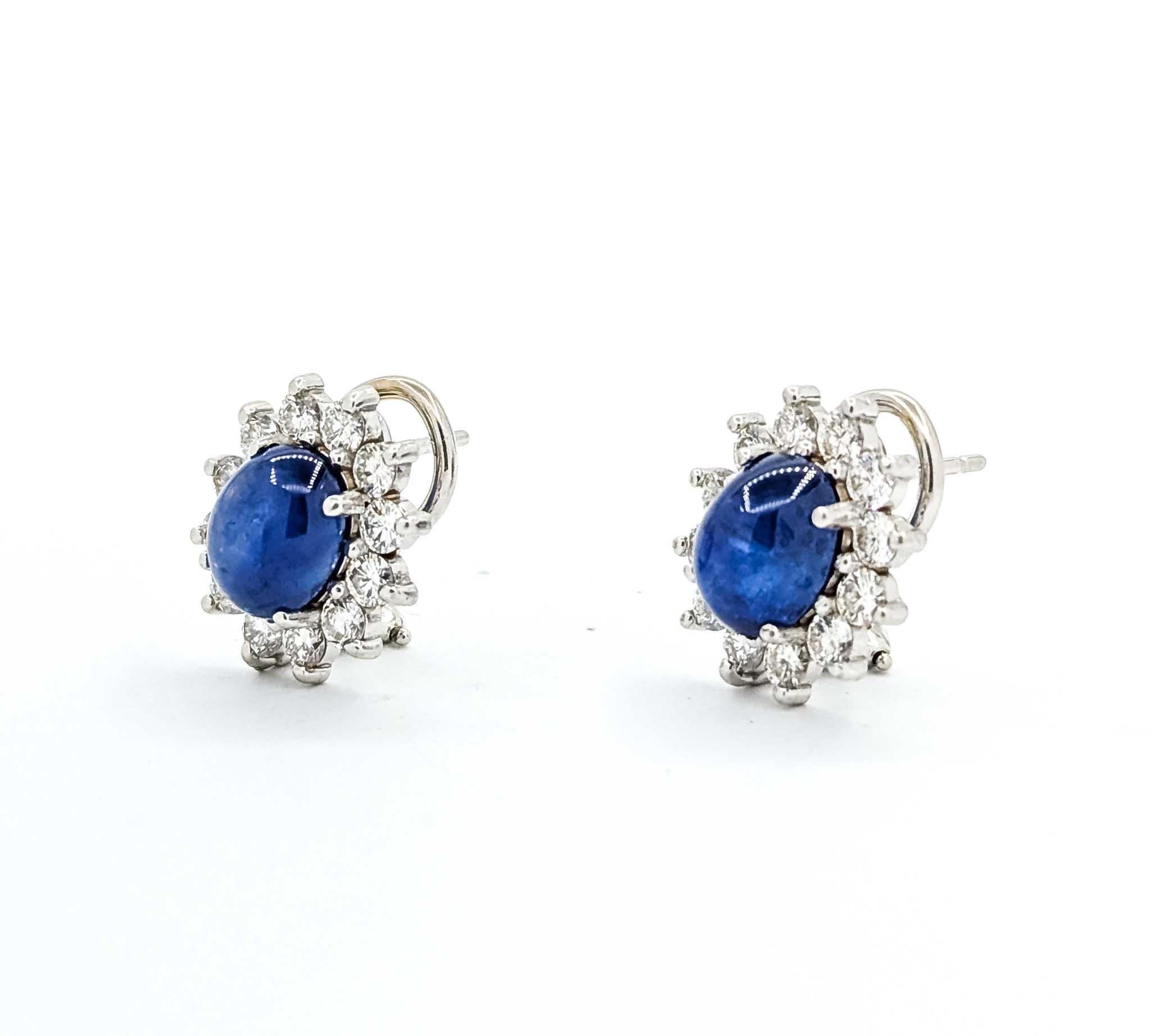 Cabochon Sapphire and Diamond Earrings in 14k White Gold For Sale