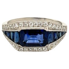 Sapphire and Diamond East to West Platinum Cocktail Ring Estate Fine Jewelry 