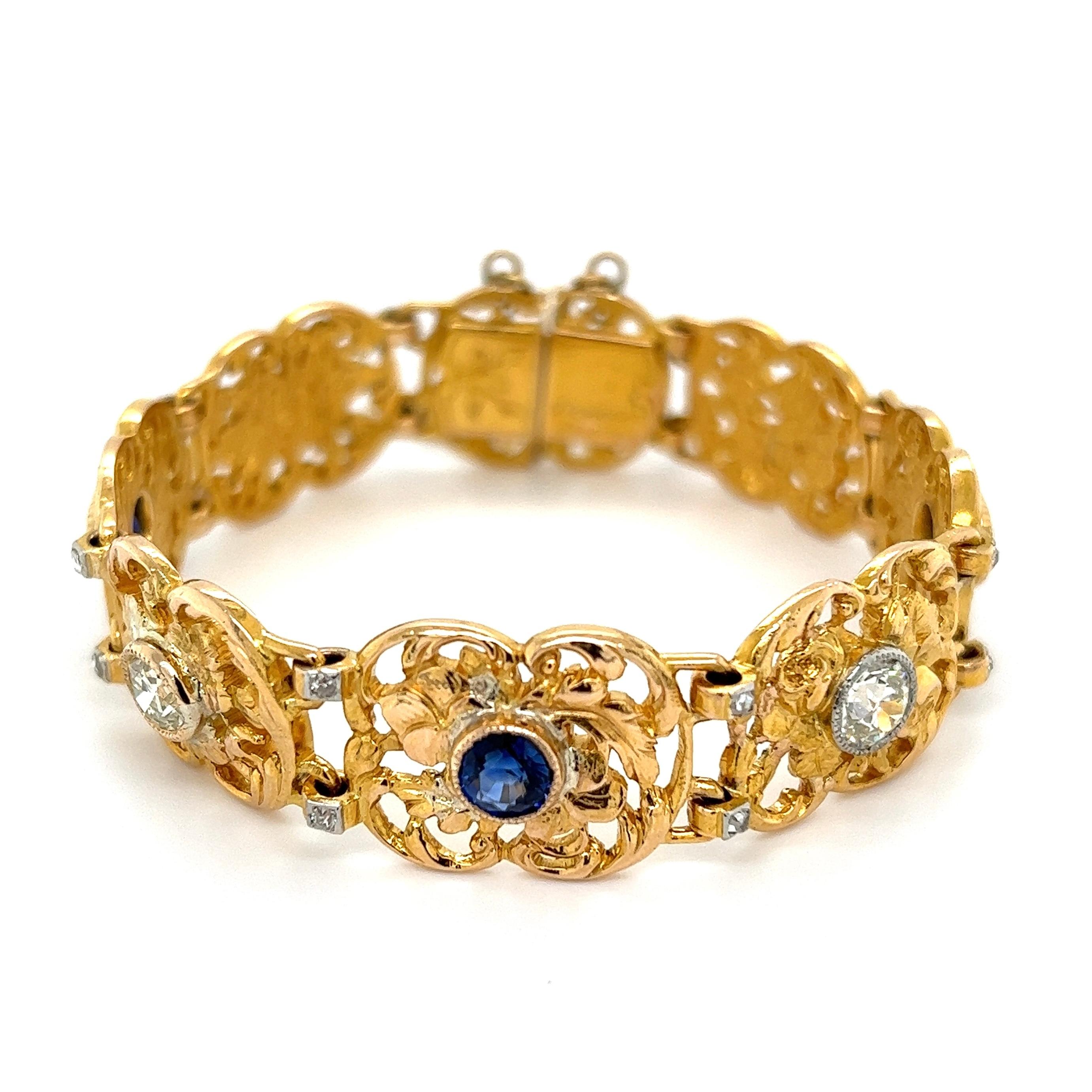 Simply Beautiful! Finely detailed Sapphire and Old European-Cut Diamond Gold Link Bracelet. Securely Hand set with Sapphires, weighing approx. 2.564tcw and OEC Diamonds, approx. 1.45tcw. Bracelet measures approx. 6.75