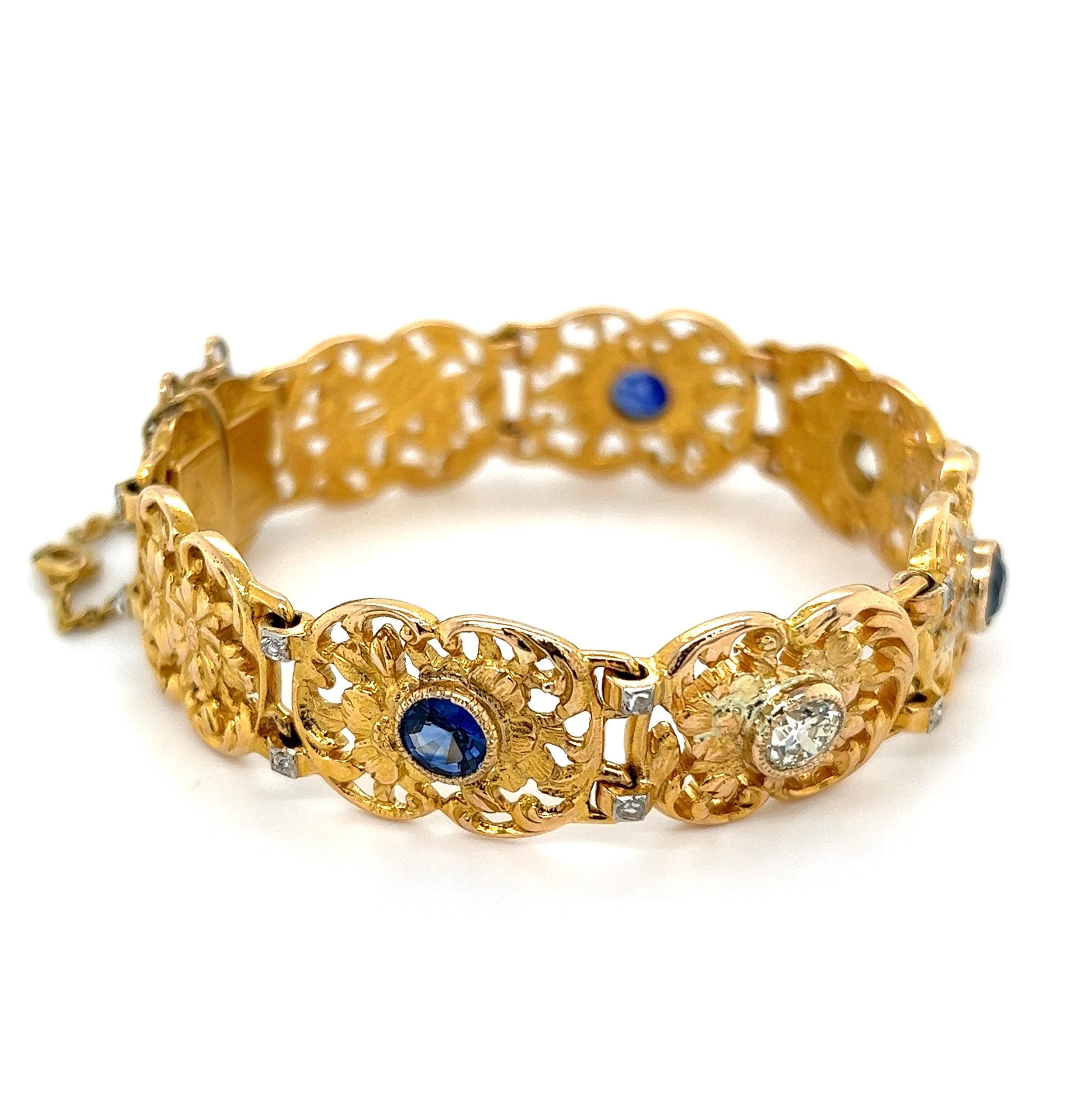 Old European Cut Sapphire and Diamond Edwardian Gold Link Bracelet Estate Fine Jewelry For Sale