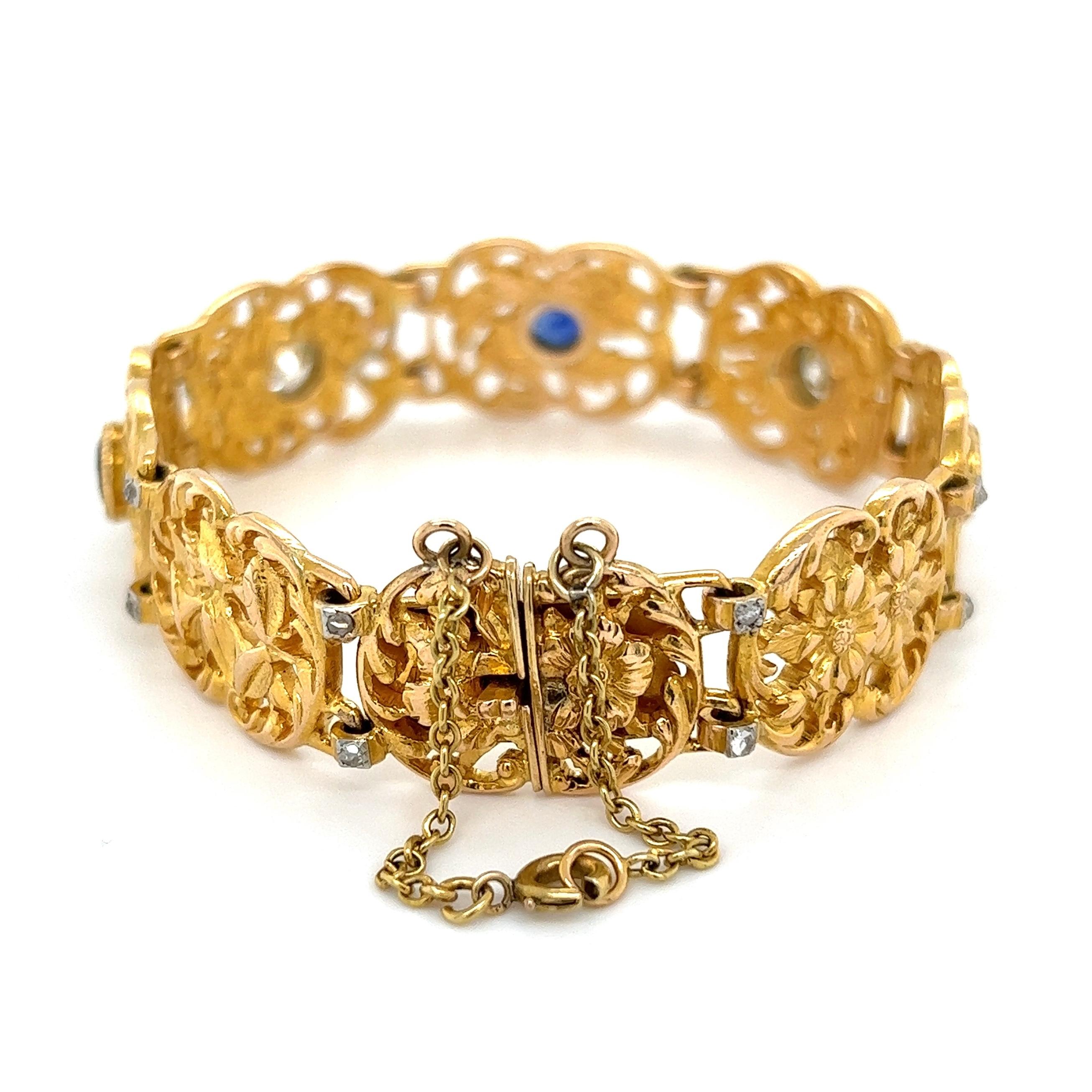 Sapphire and Diamond Edwardian Gold Link Bracelet Estate Fine Jewelry In Excellent Condition For Sale In Montreal, QC