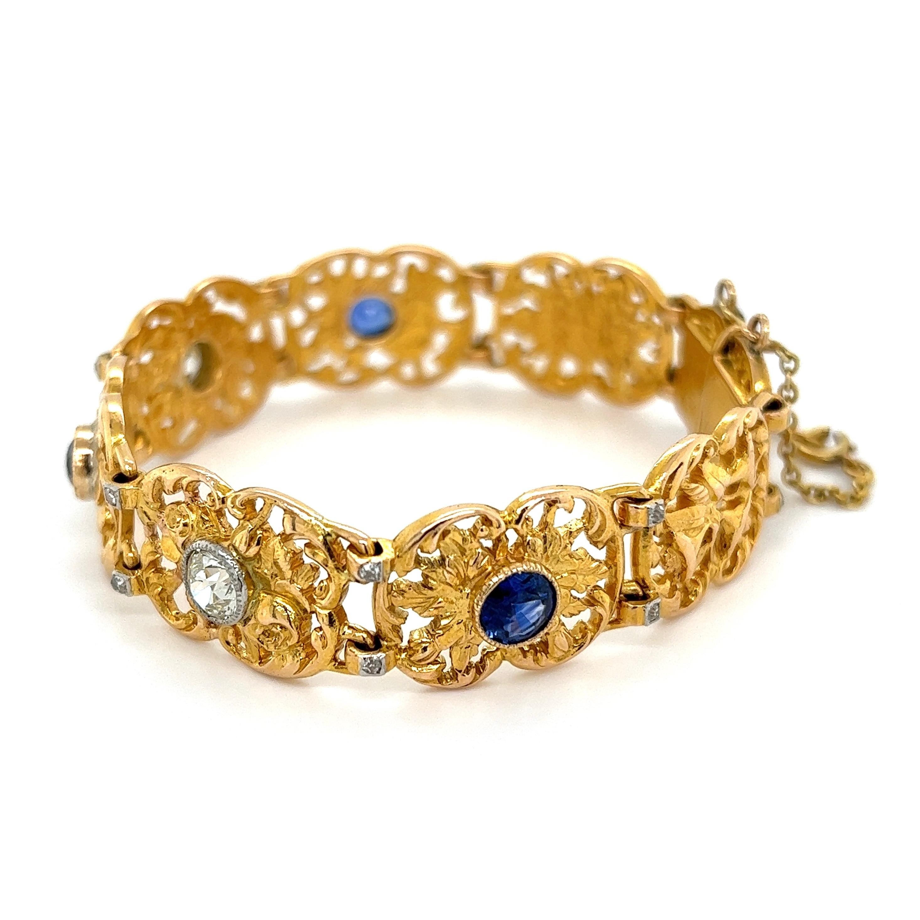 Women's Sapphire and Diamond Edwardian Gold Link Bracelet Estate Fine Jewelry For Sale