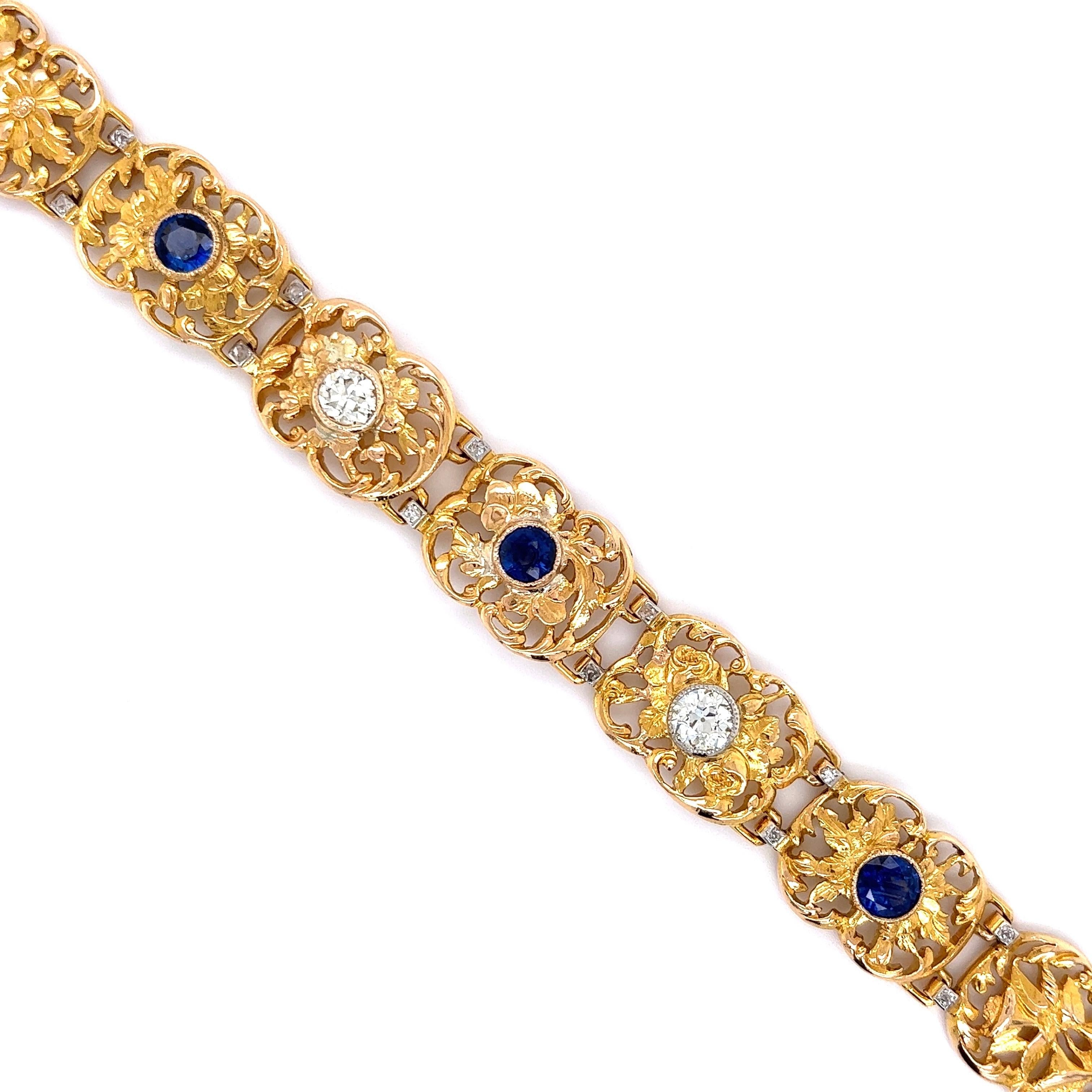 Sapphire and Diamond Edwardian Gold Link Bracelet Estate Fine Jewelry For Sale 1