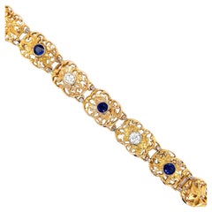 Sapphire and Diamond Edwardian Gold Link Bracelet Estate Fine Jewelry