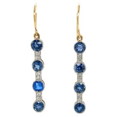 Sapphire and Diamond Edwardian Platinum Drop Earrings Estate Fine Jewelry