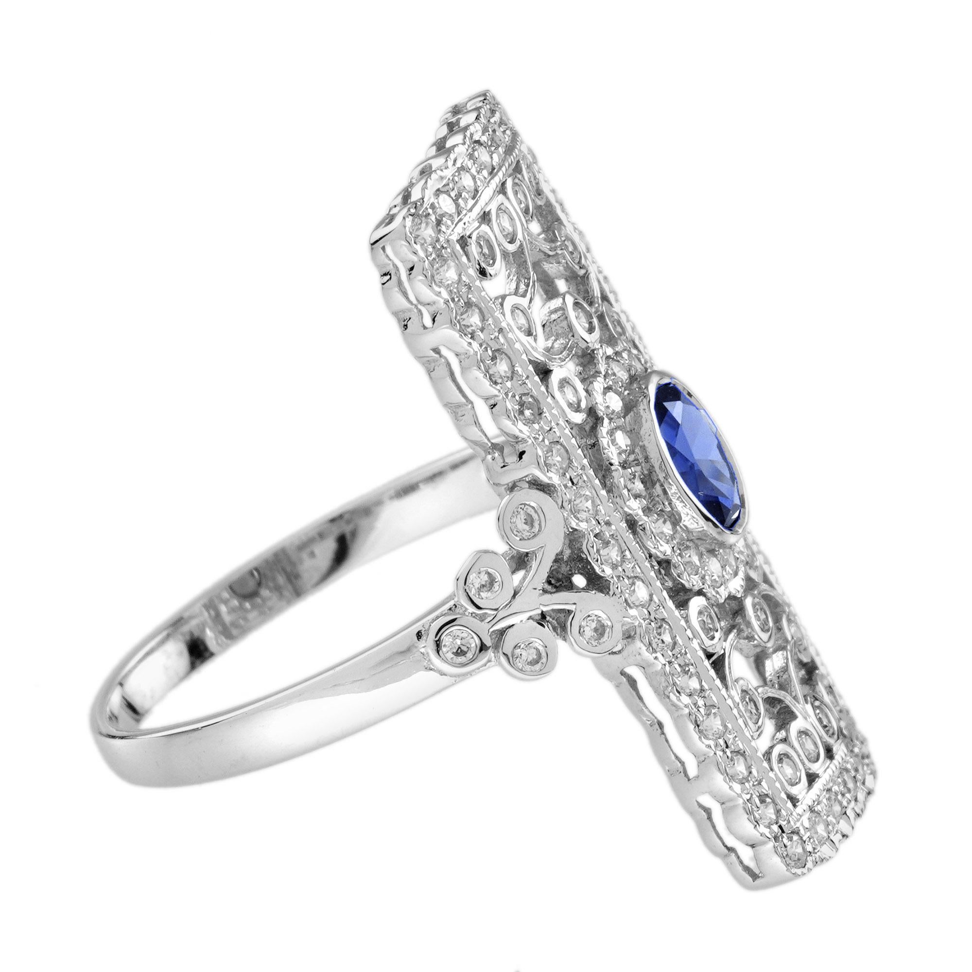 Art Deco Sapphire and Diamond Edwardian Style Floral Motif Dinner Ring in 14K White Gold For Sale
