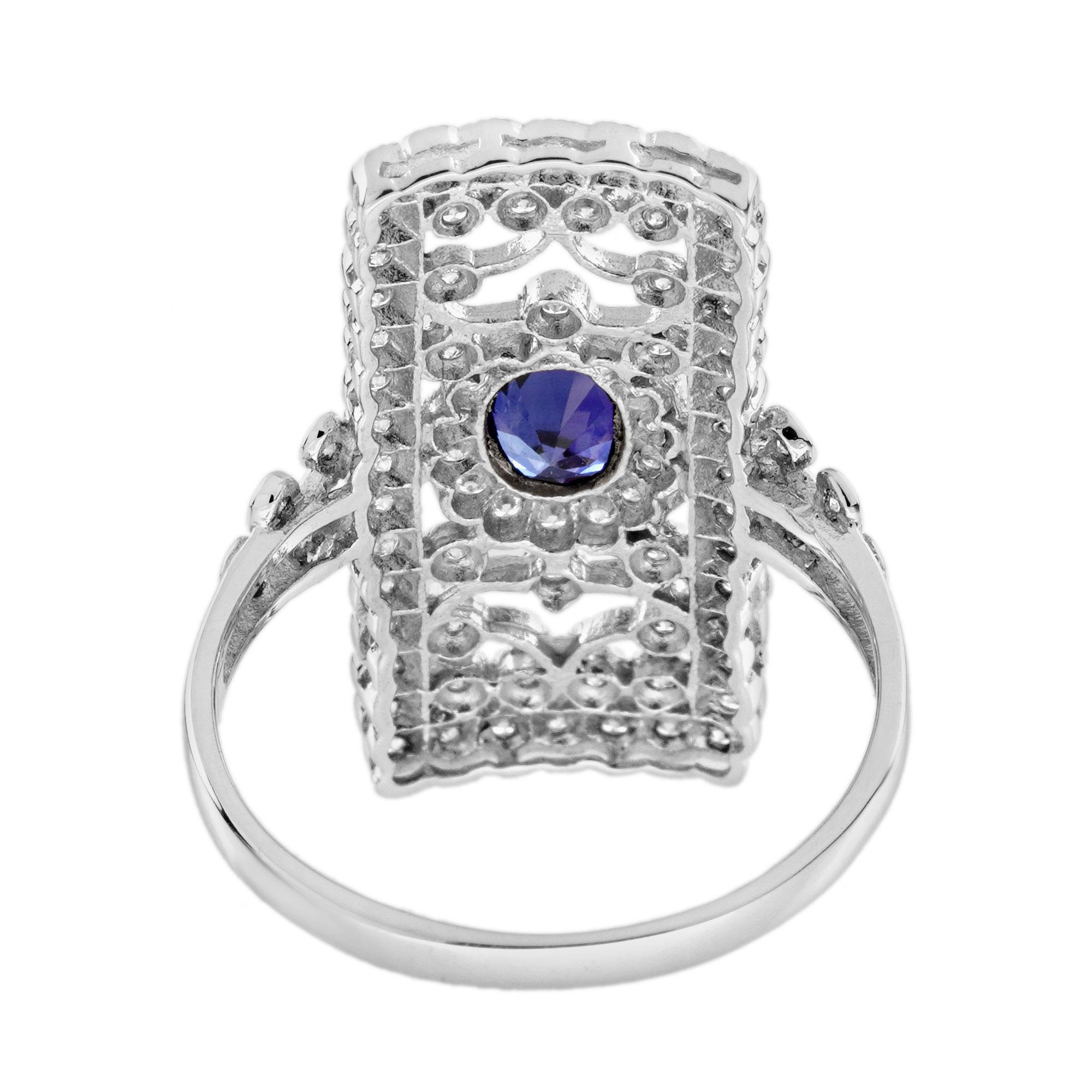 Oval Cut Sapphire and Diamond Edwardian Style Floral Motif Dinner Ring in 14K White Gold For Sale