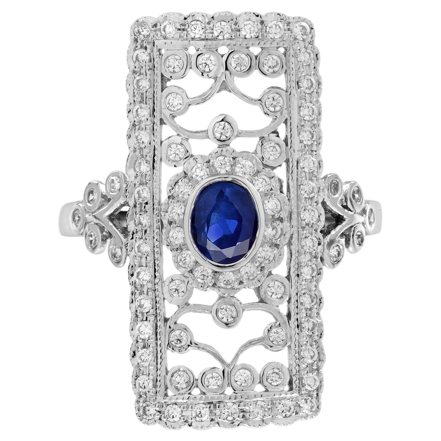 Sapphire and Diamond Edwardian Style Floral Motif Dinner Ring in 14K White Gold For Sale