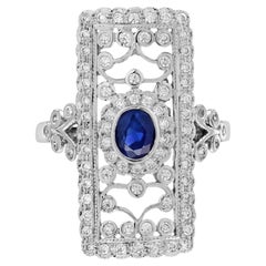 Sapphire and Diamond Edwardian Style Floral Motif Dinner Ring in 14K White Gold