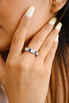 0.55 Ct Blue Sapphire and Diamond Engagement Band 18k Solid White Gold