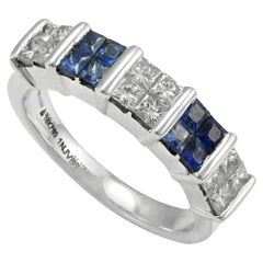 0.55 Ct Blue Sapphire and Diamond Engagement Band 18k Solid White Gold