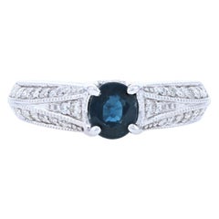 Sapphire and Diamond Engagement Ring, 14 Karat White Gold Milgrain 1.09 Carat