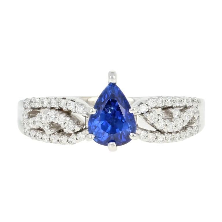 Sapphire and Diamond Engagement Ring, 18 Karat White Gold Pear 1.23 Carat