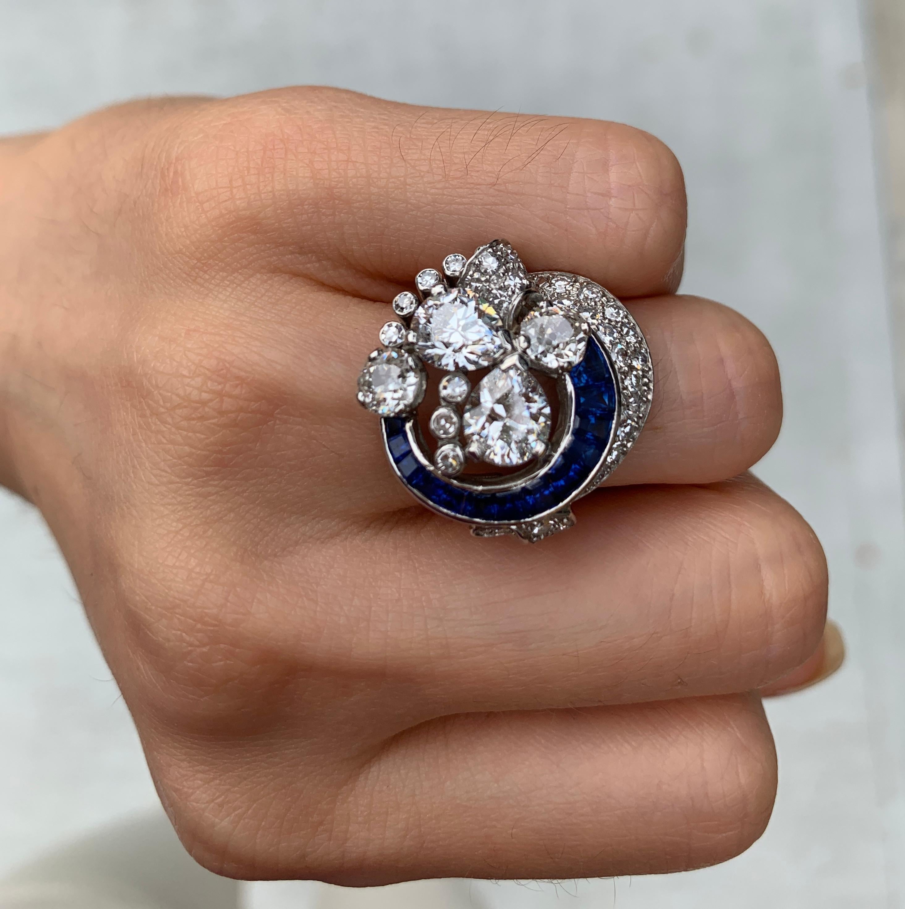 Sapphire and Diamond Estate Platinum Cocktail Ring For Sale 5