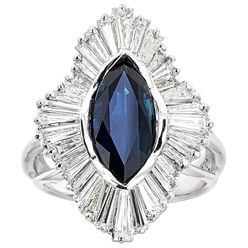 6TCW Marquise Cut Sapphire Diamond Estate Engagement Ring 18k White Gold