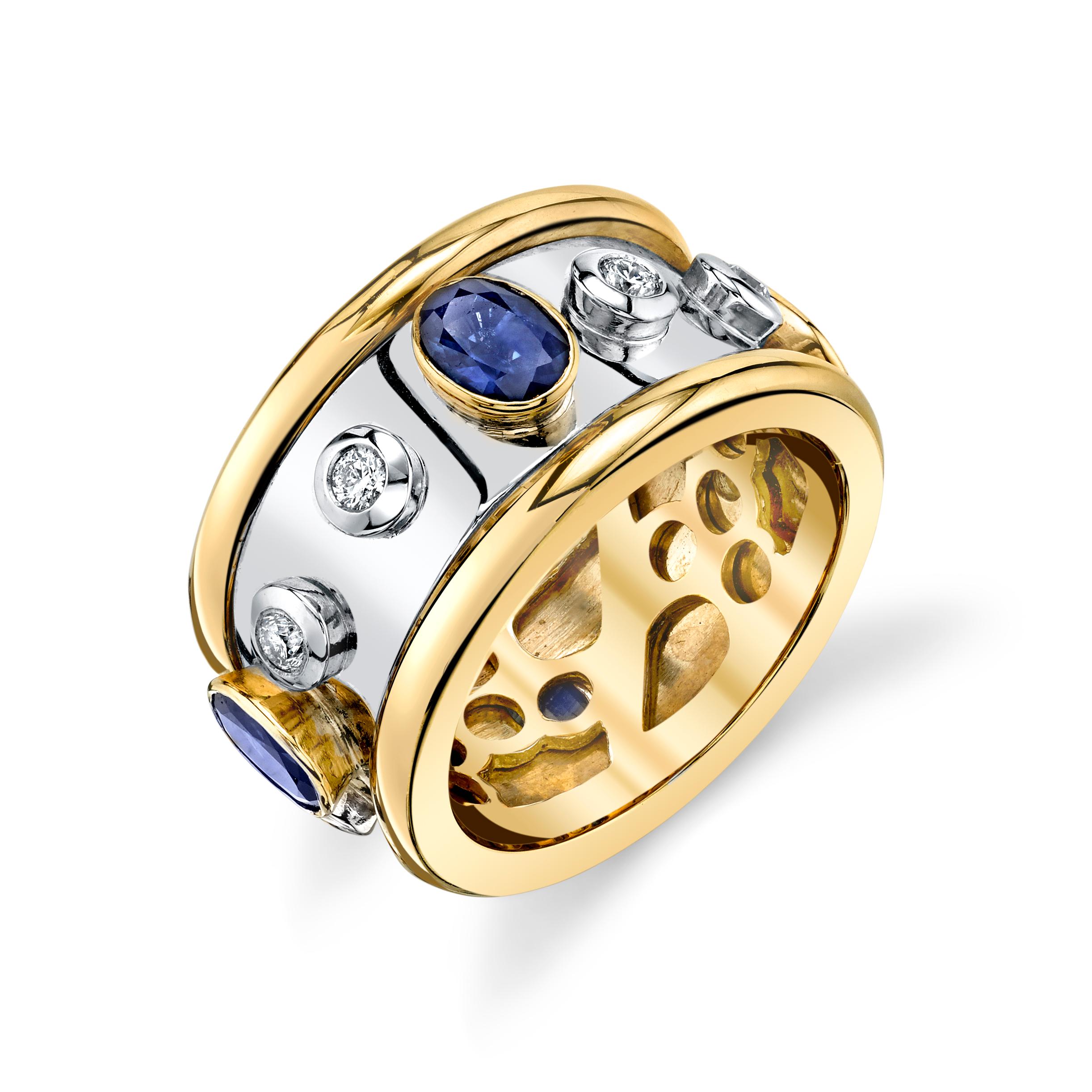 Oval Cut Sapphire and Diamond Eternity Band in White and Yellow Gold, 1.84 Carats Total For Sale