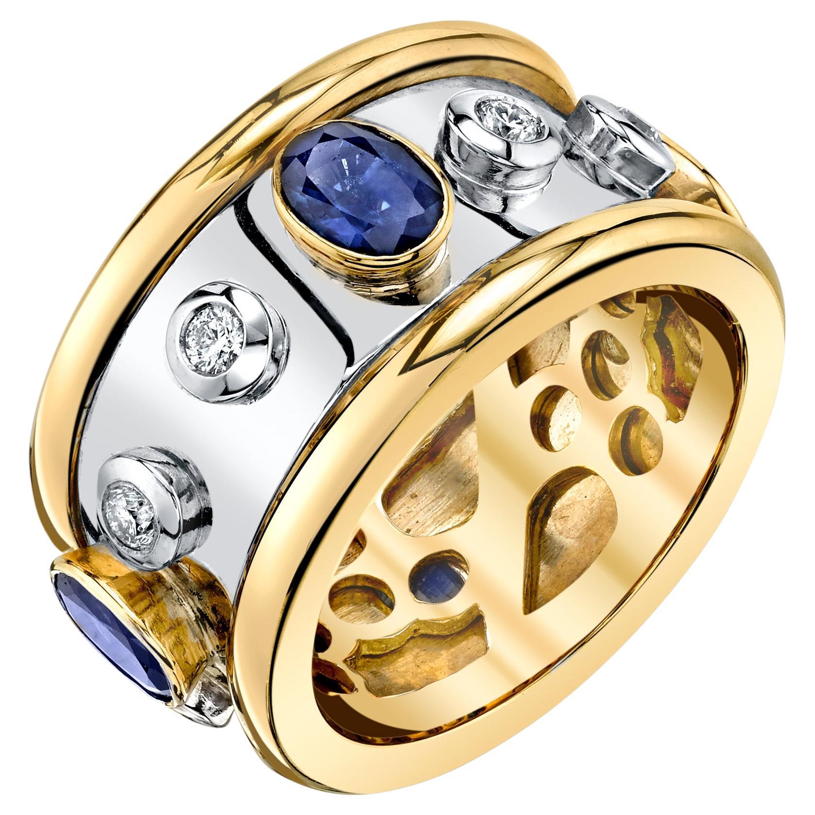 Anneau d'éternité en or blanc et jaune avec saphirs et diamants, 1,84 carat au total en vente
