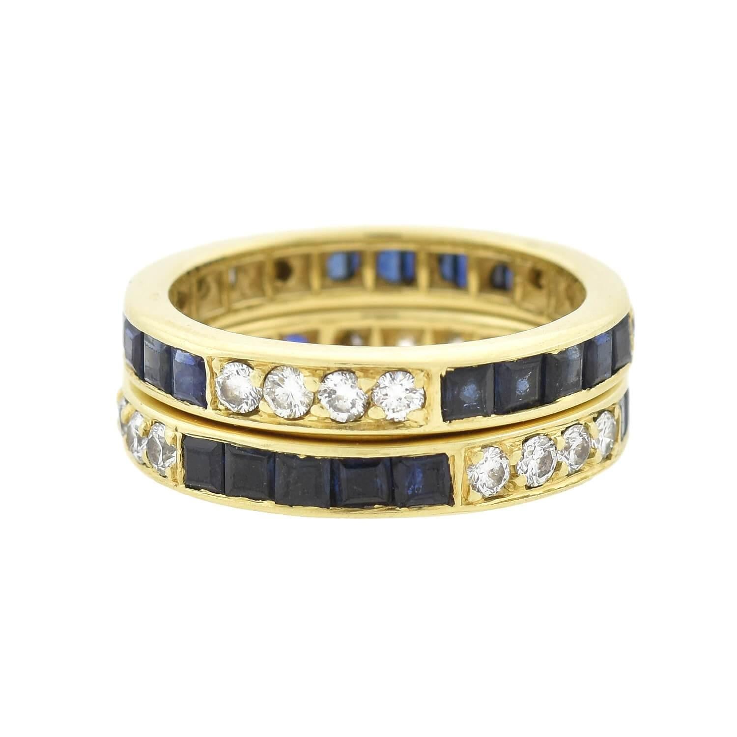 A gorgeous pair of contemporary eternity bands! Handcrafted in vibrant 18kt yellow gold, the two bands feature a total of 3.00ctw of natural, Square Cut sapphires. The lush blue stones are complemented by a total of 0.72ctw of sparkling G/H color,
