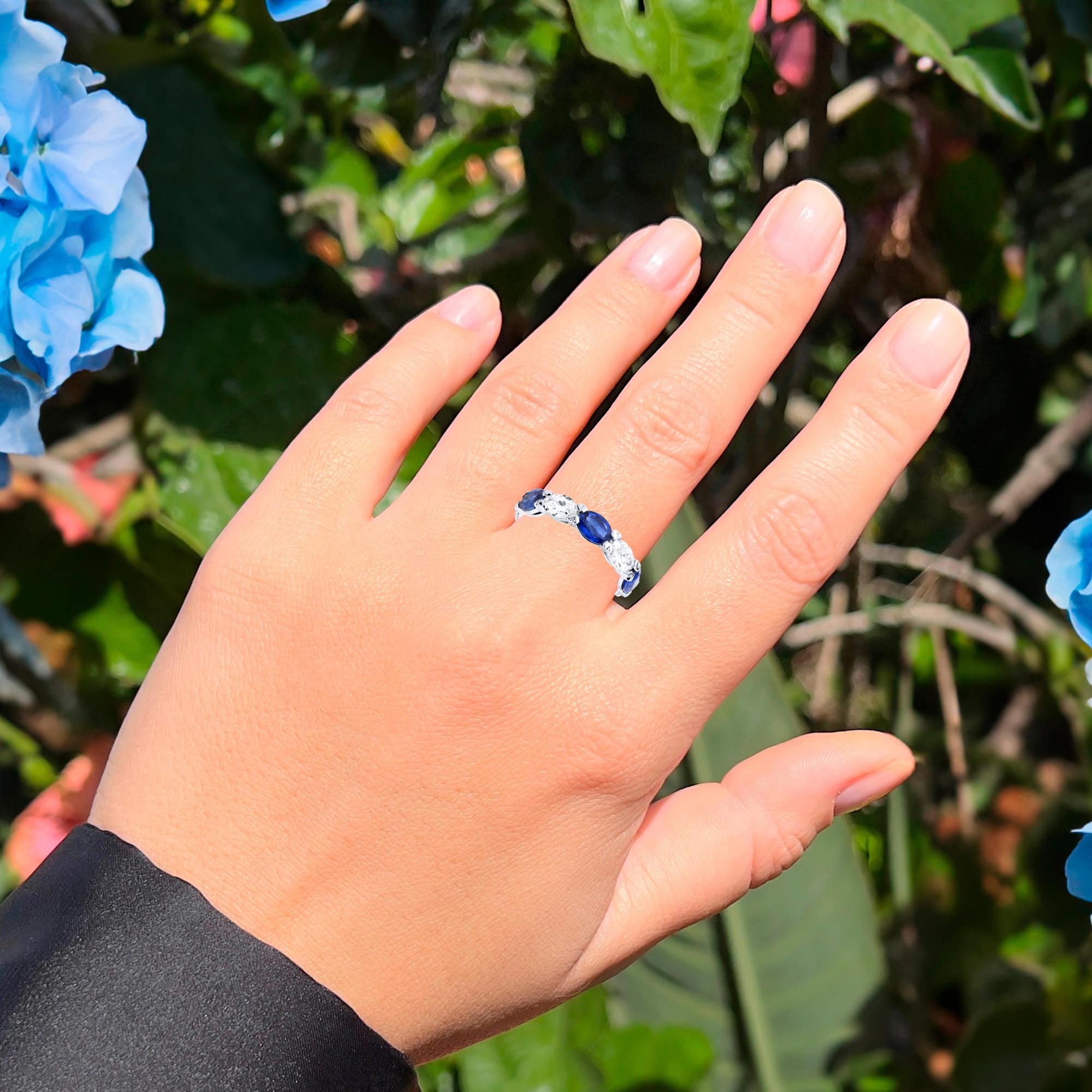 Sapphire and Diamond Eternity Band Ring Oval Cut 5.8 Carats 18K White Gold In Excellent Condition For Sale In Aliso Viejo, CA