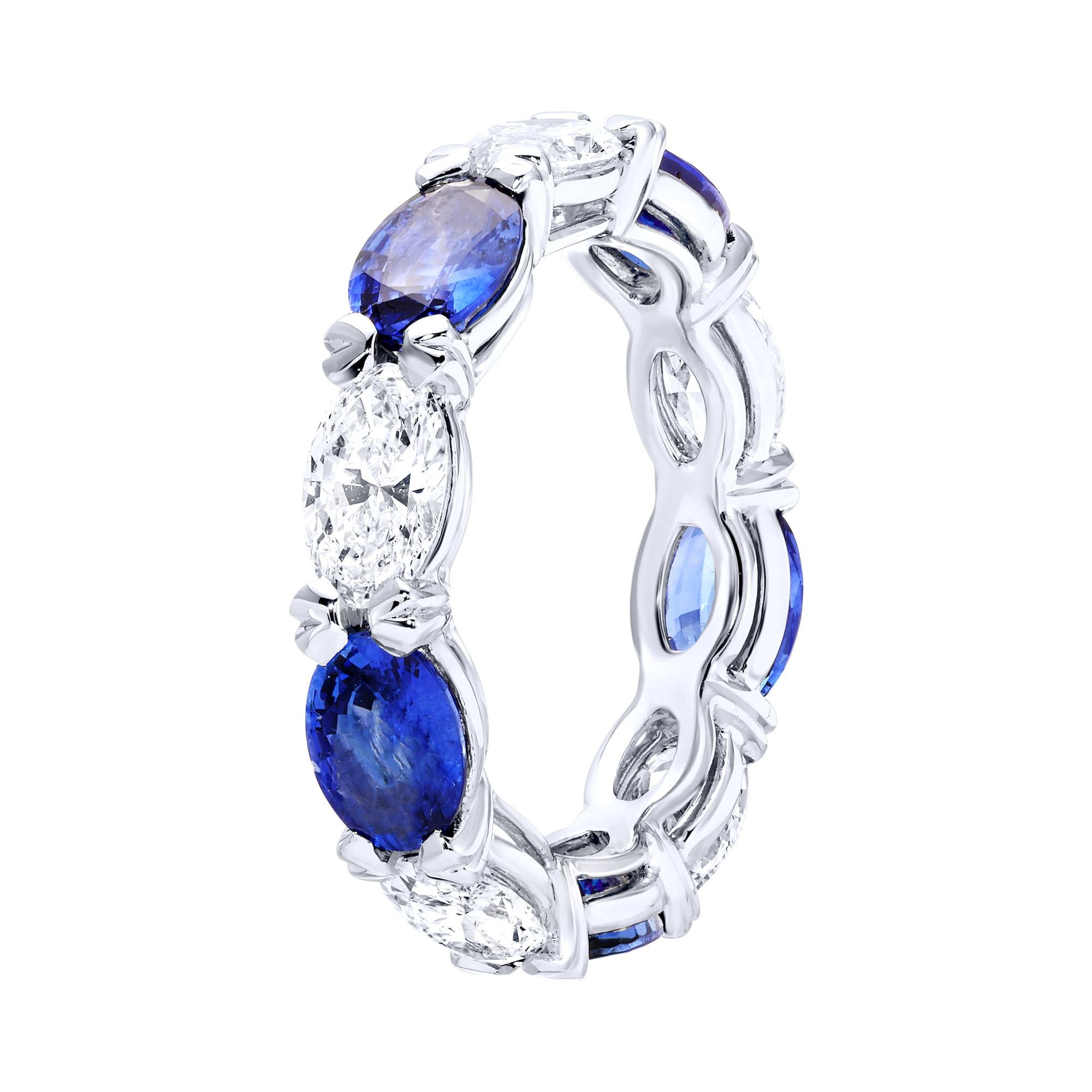 Women's or Men's Sapphire and Diamond Eternity Band Ring Oval Cut 5.8 Carats 18K White Gold For Sale