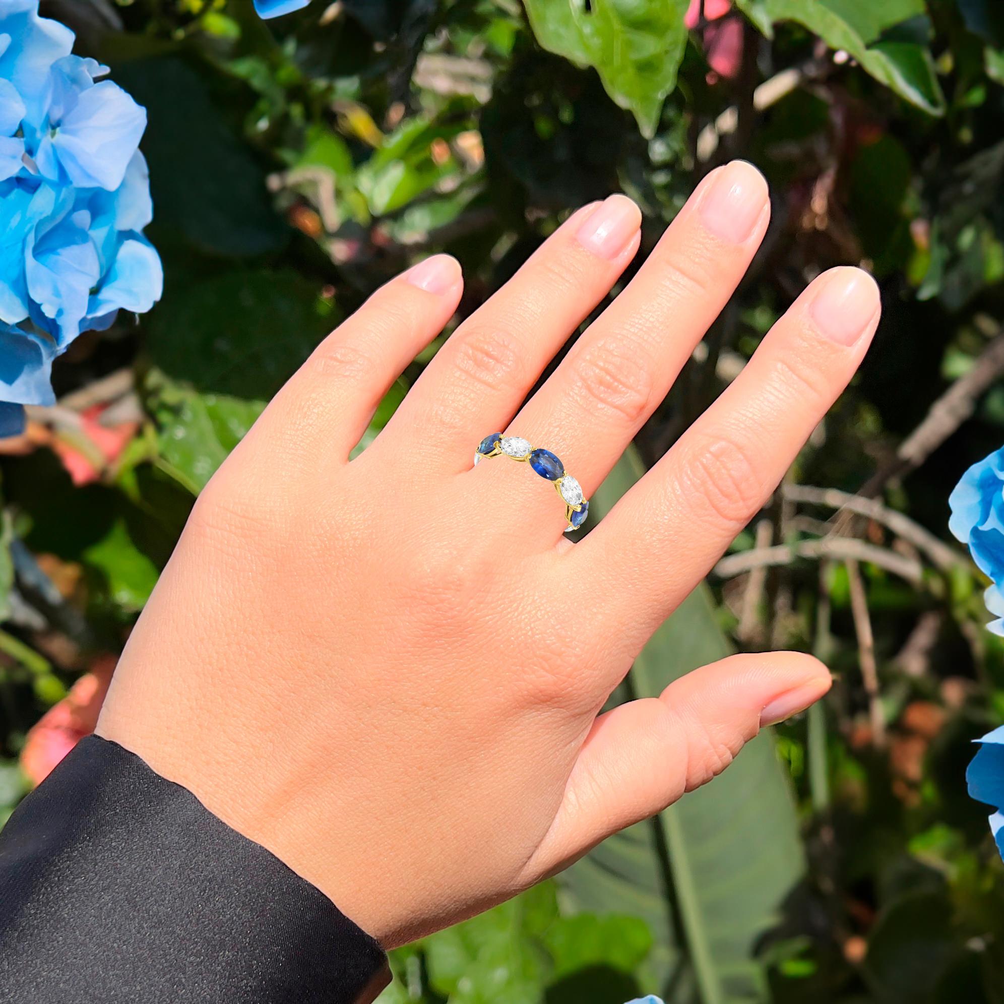 Contemporary Sapphire and Diamond Eternity Band Ring Oval Cut 6.74 Carats 18K Yellow Gold For Sale