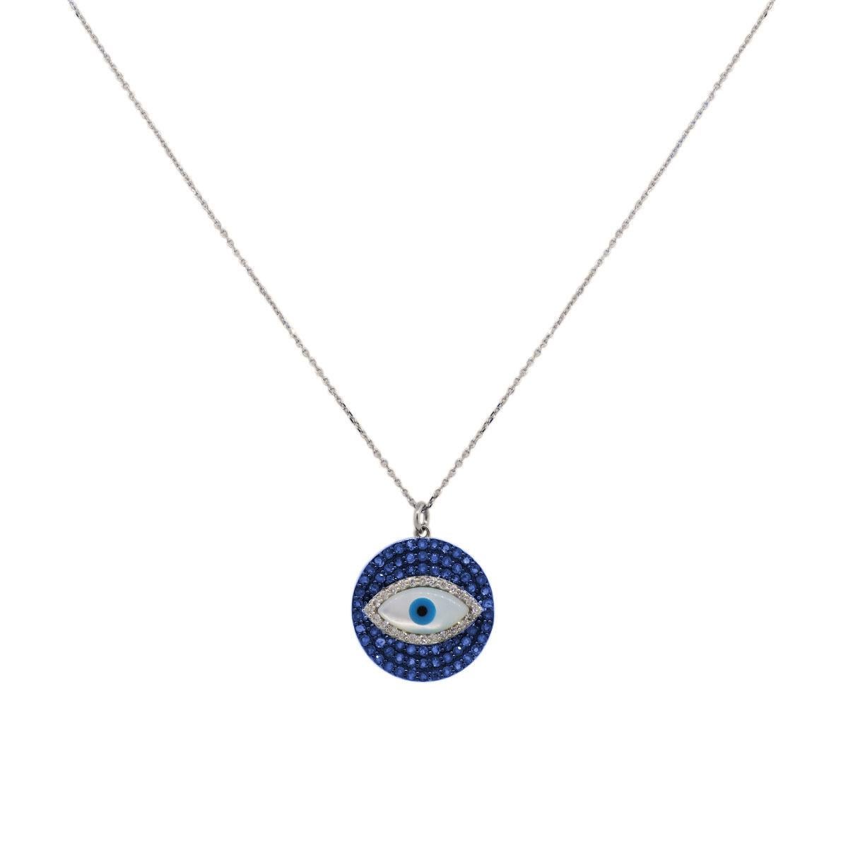 Material: 14k white gold
Diamond Details: Approximately 0.31ctw of round brilliant diamonds. Diamonds are G/H in color and VS in clarity
Gemstone Details: Approximately 1.90ctw of round shape sapphires
Measurements: Necklace measures 17.25″ in